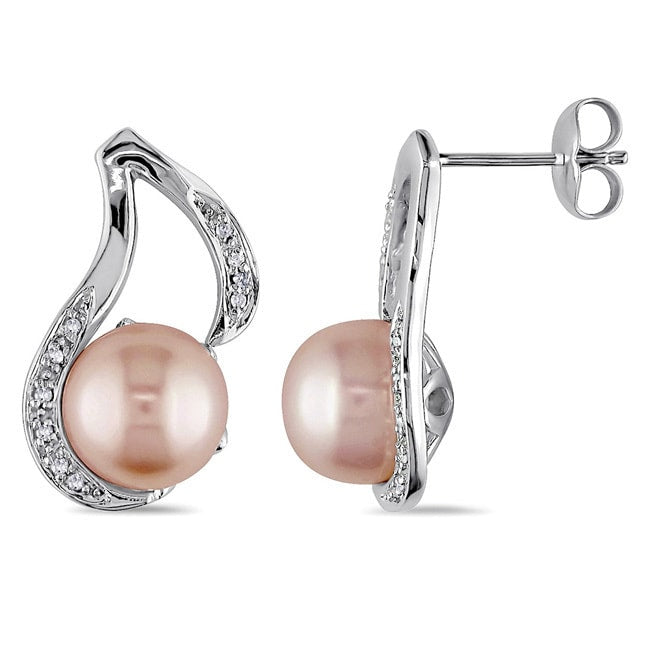 Miadora Sterling Silver Pink Freshwater Pearl And Diamond Earrings 9 10 Mm