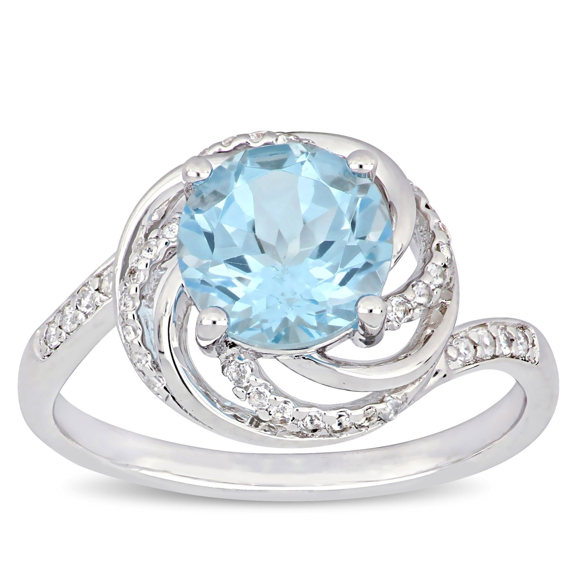 Miadora Sterling Silver Sky Blue Topaz White Topaz Diamond Swirl Halo Ring