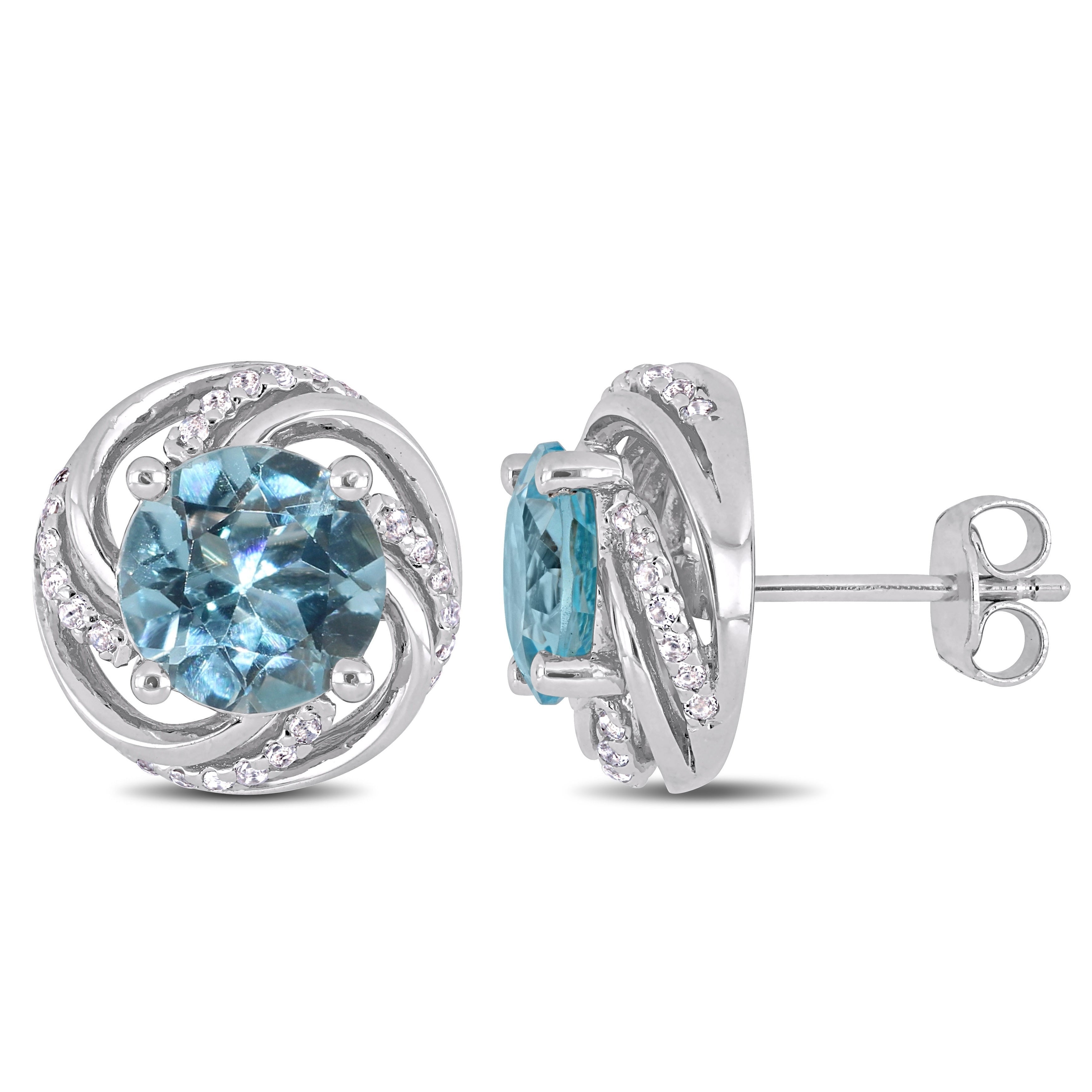 Miadora Sterling Silver Sky Blue Topaz White Topaz Swirl Stud Earrings