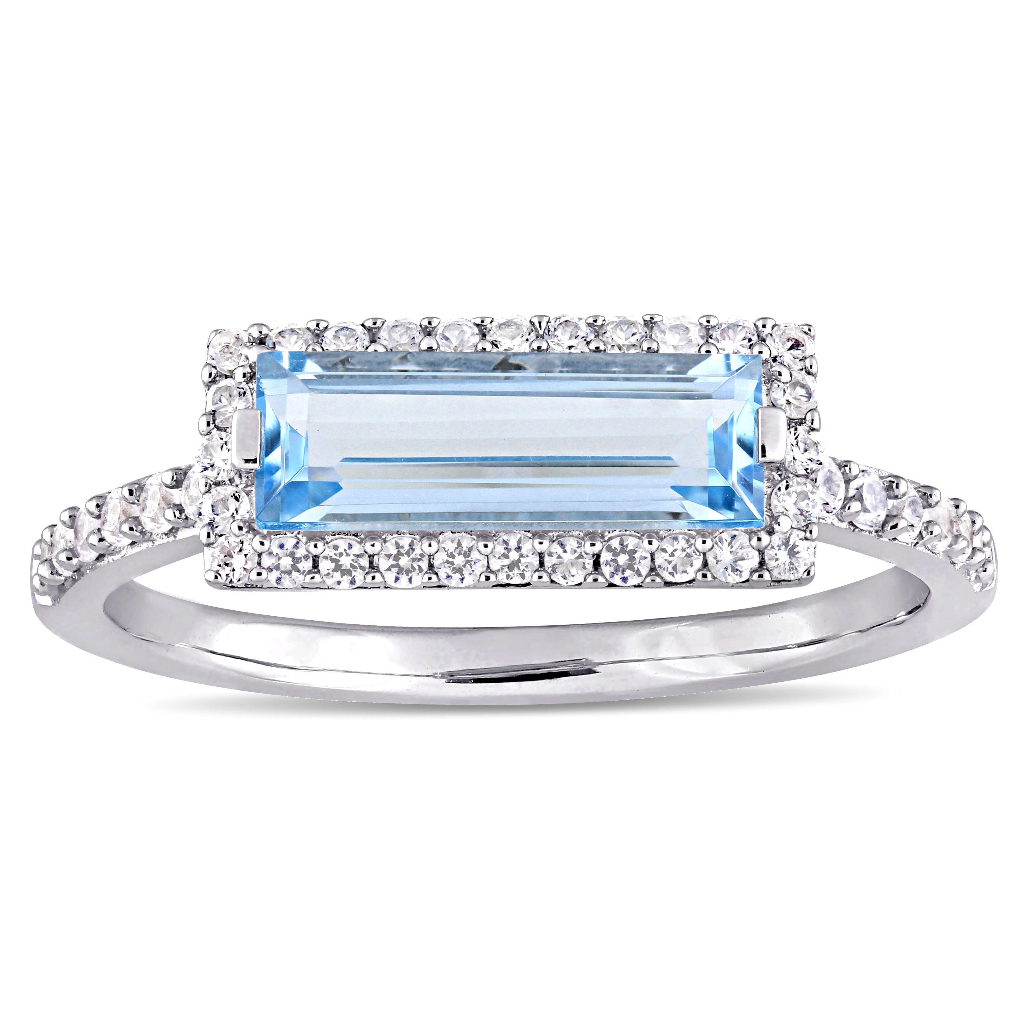 Miadora Sterling Silver Sky Blue Topaz And White Sapphire Rectangular Halo Ring