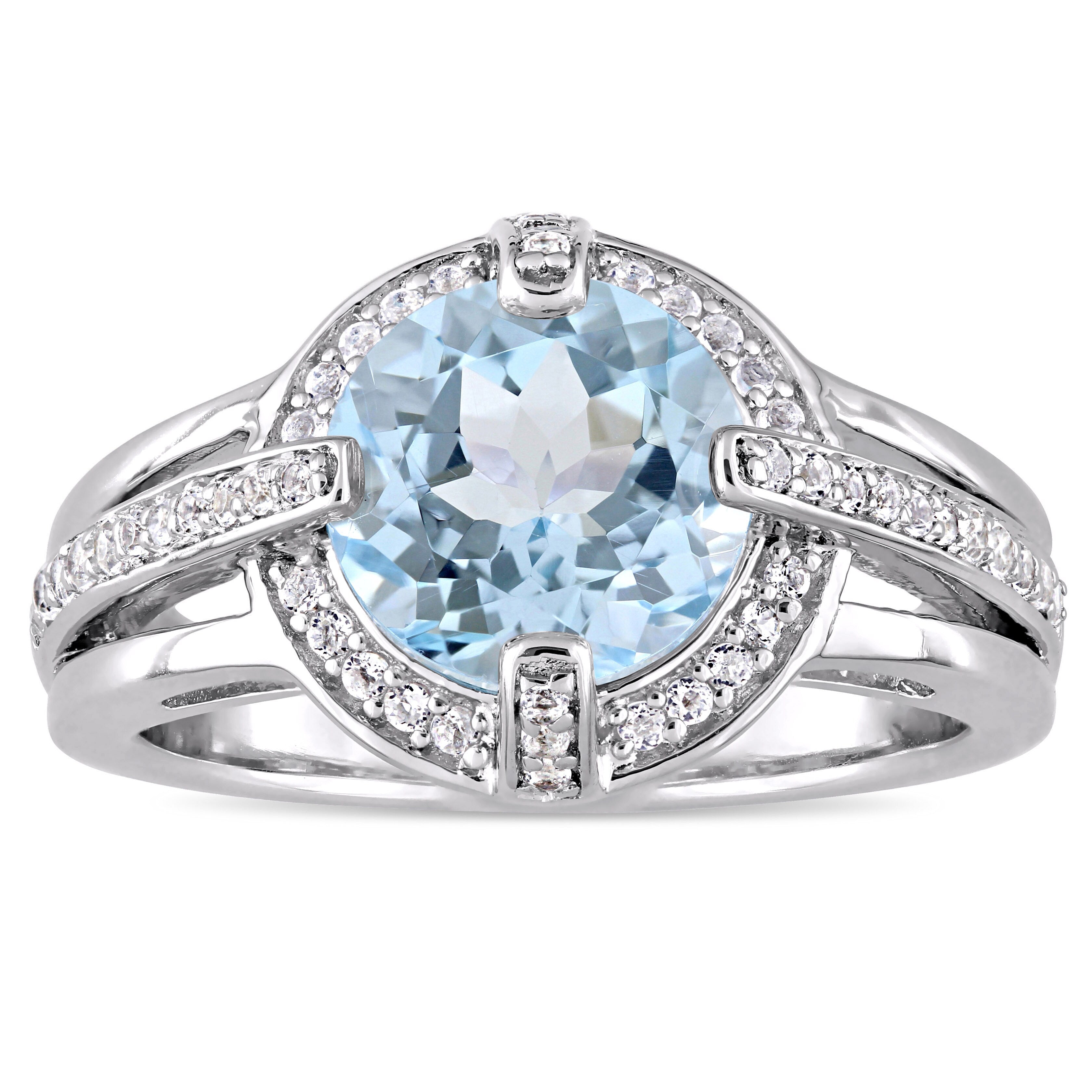 Miadora Sterling Silver Sky Blue Topaz And White Topaz Halo Cocktail Ring Blue