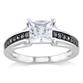 Miadora Sterling Silver Square Cut Created White Sapphire And 1 6Ct Tdw Black Diamond Engagement Ring
