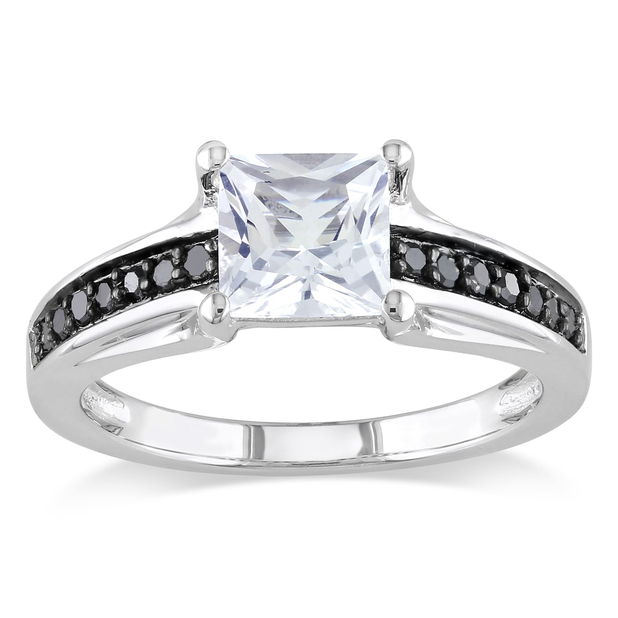 Miadora Sterling Silver Square Cut Created White Sapphire And 1 6Ct Tdw Black Diamond Engagement Ring