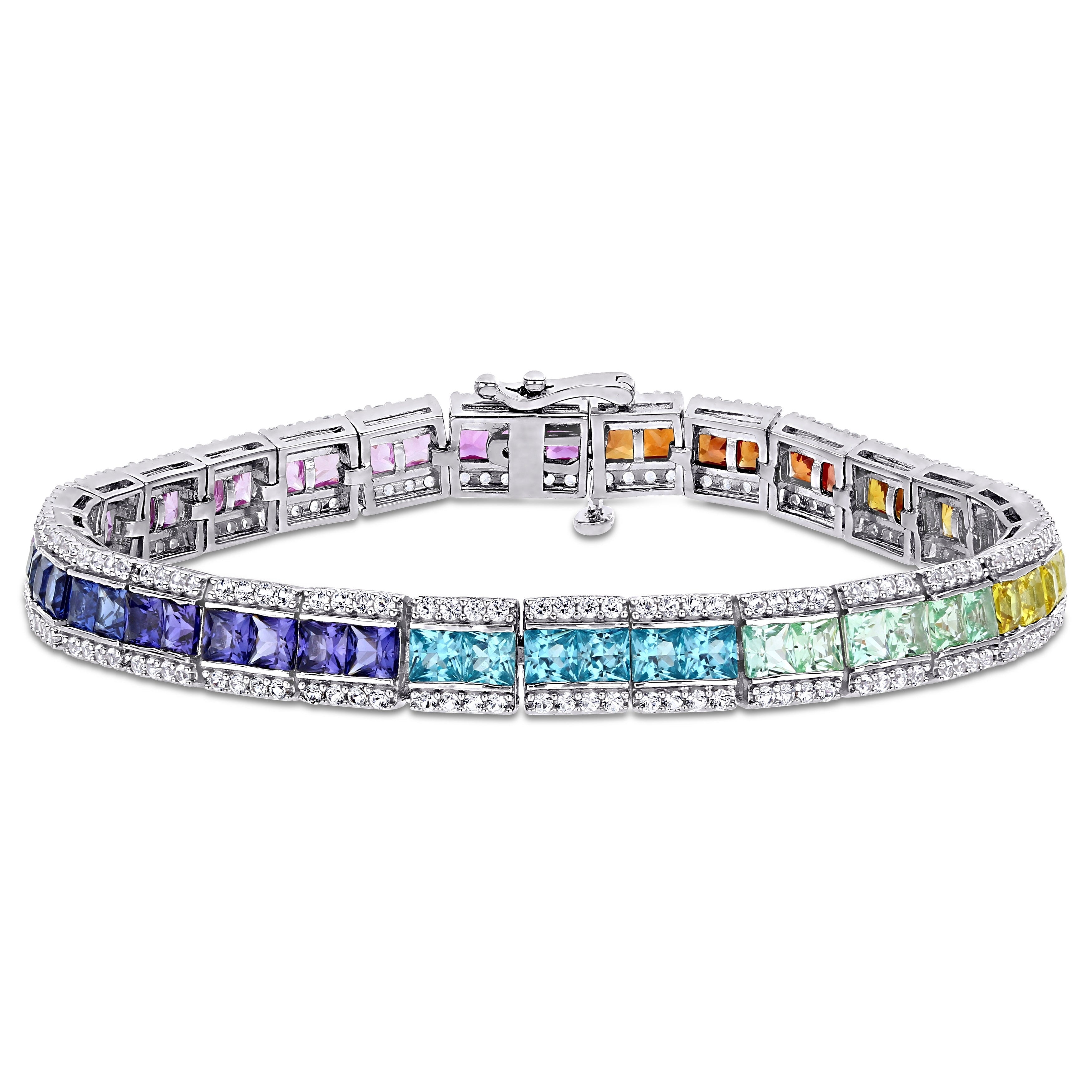 Miadora Sterling Silver Square Cut Multi Color Created Sapphire Halo Tennis Bracelet