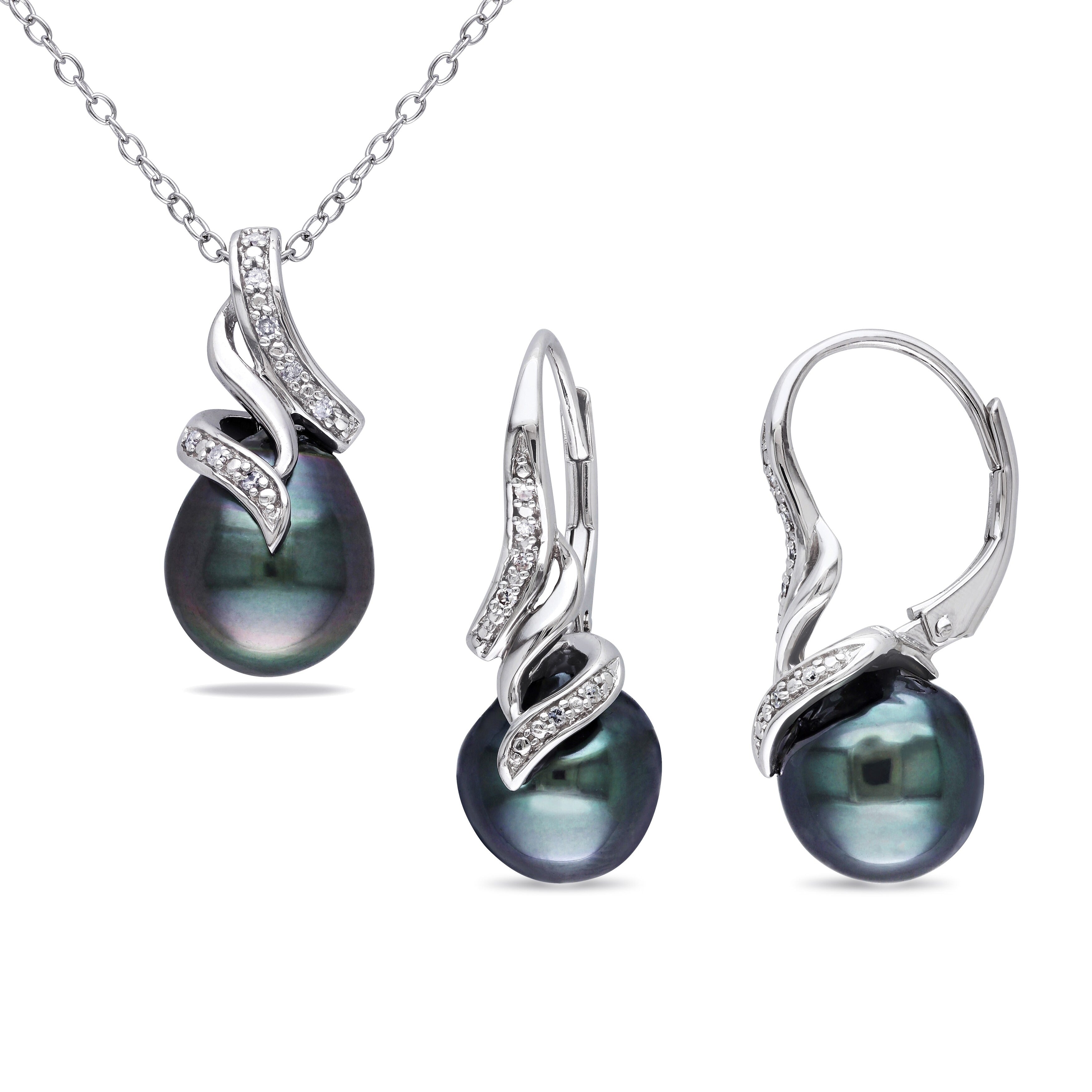 Miadora Sterling Silver Tahitian Pearl Diamond Accent Jewelry Set 9 9.5 Mm