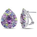 Miadora Sterling Silver Tanzanite Rose De France Peridot And Amethyst Pear Shape Multi Color Clustered Halo Earrings