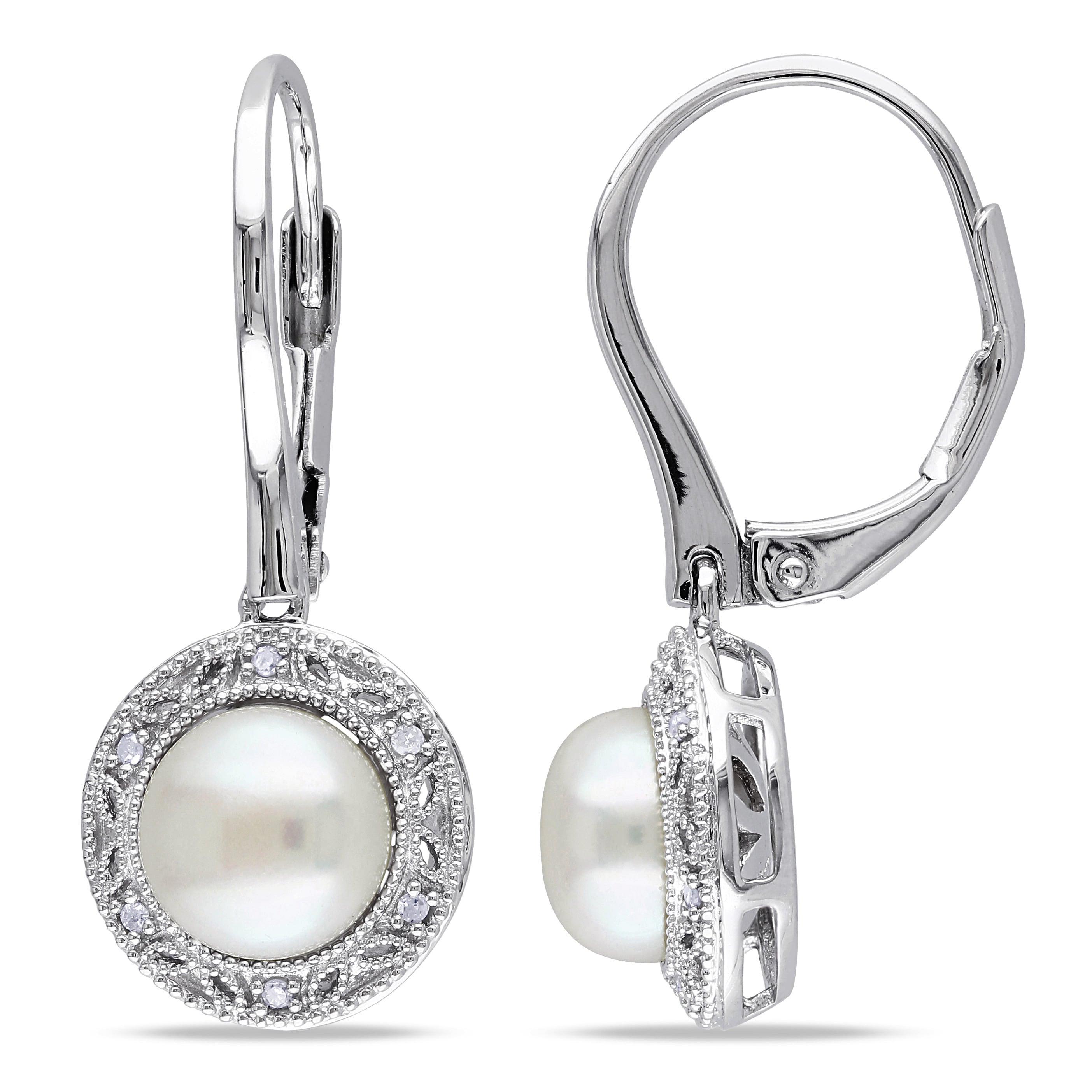 Miadora Sterling Silver White Pearl And Diamond Accent Earrings 7.5 8 Mm