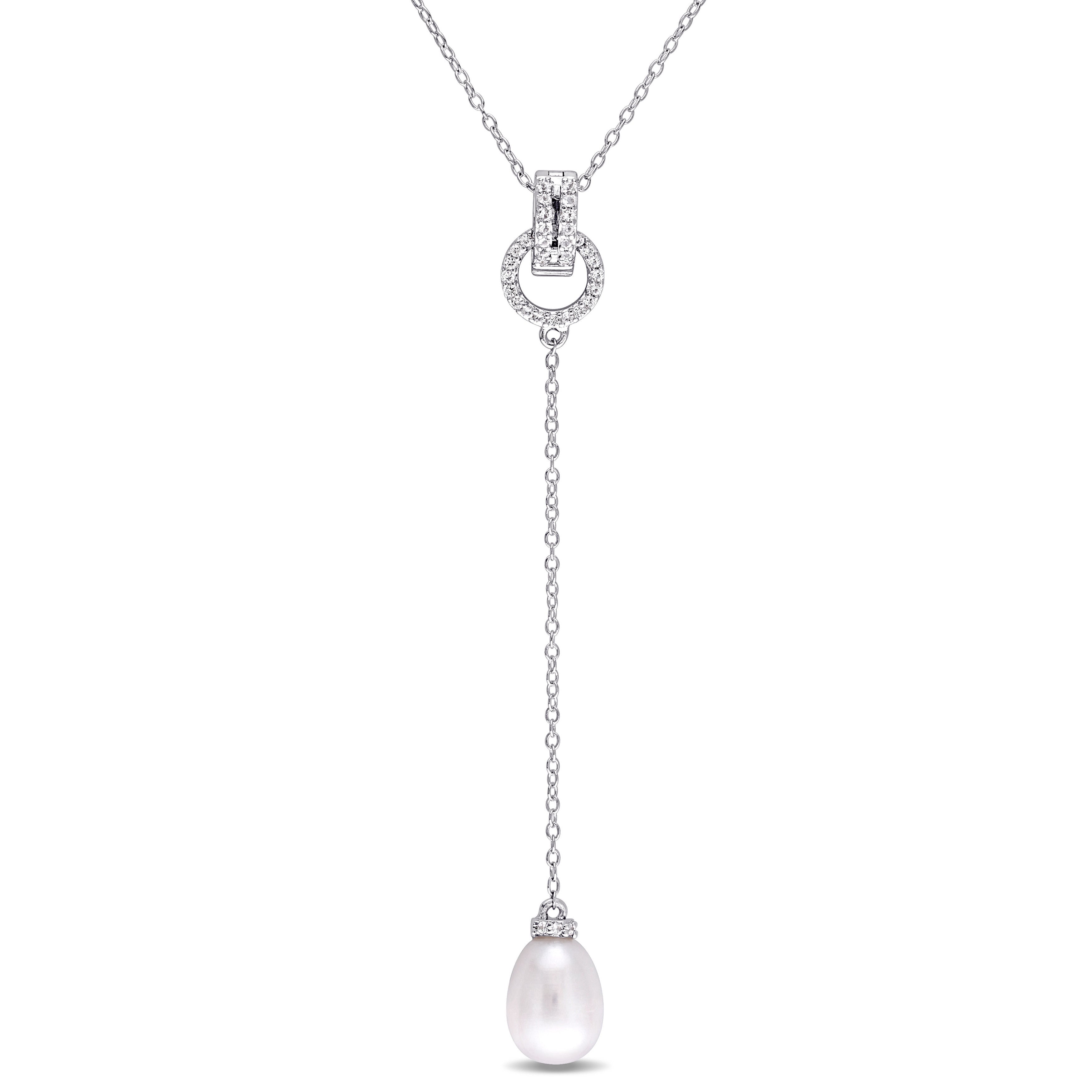 Miadora Sterling Silver White Topaz And Cultured Freshwater Pearl Lariat Necklace 8 8.5 Mm