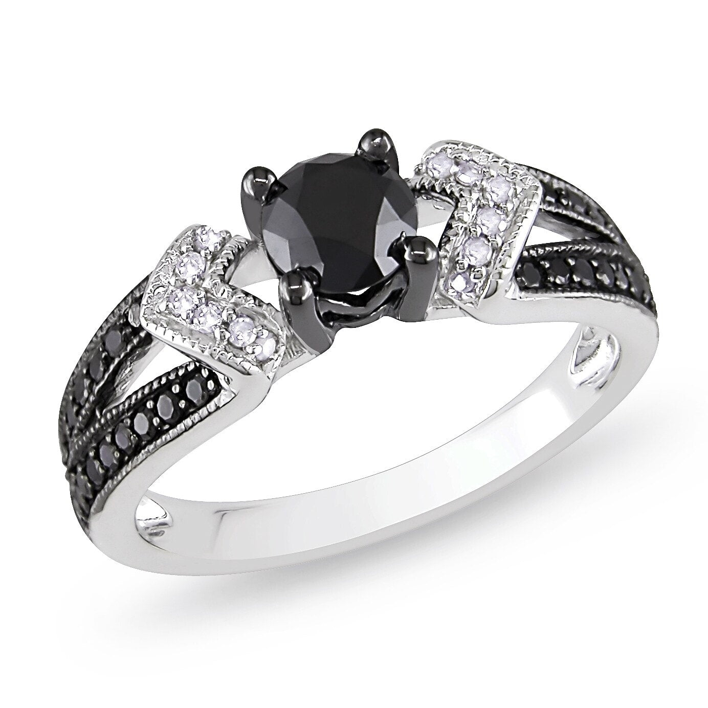 Miadora Sterling Silver With Black Rhodium 1Ct Tdw Black And White Diamond Split Shank Engagement Ring G H I2 I3