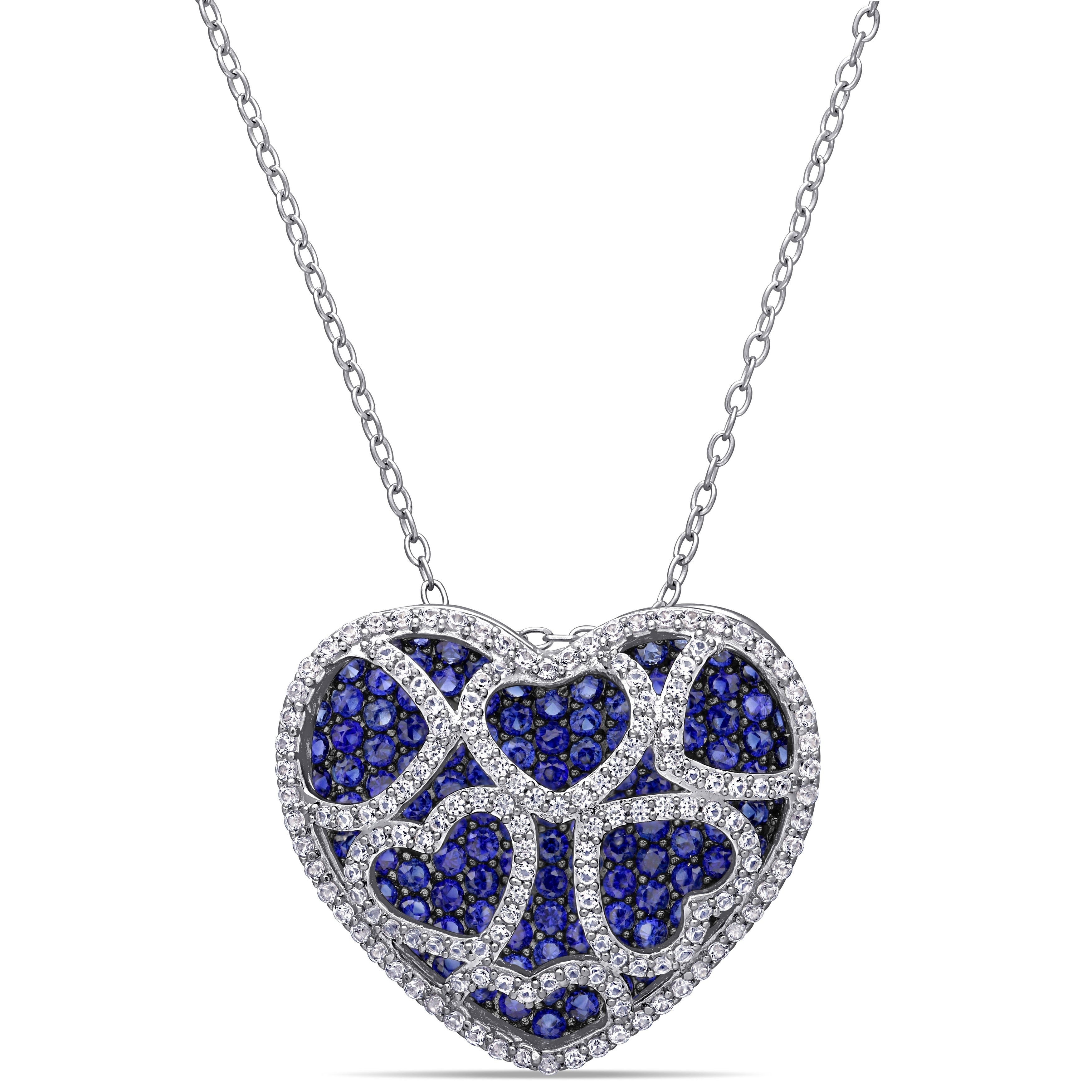 Miadora Sterling Silver With Black Rhodium Created Blue And White Sapphire Heart Necklace