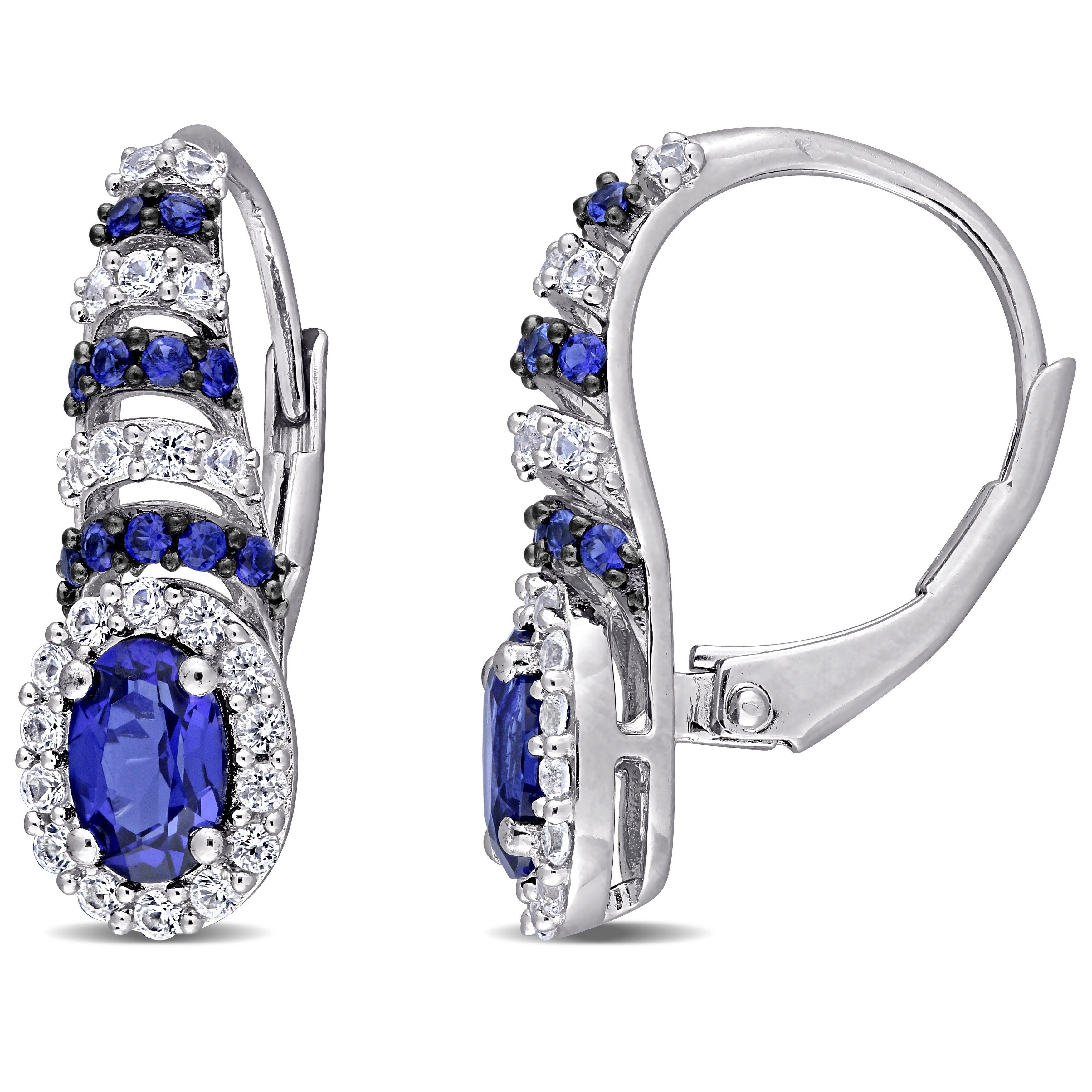 Miadora Sterling Silver With Black Rhodium Plated Created Blue White Sapphire Leverback Earrings