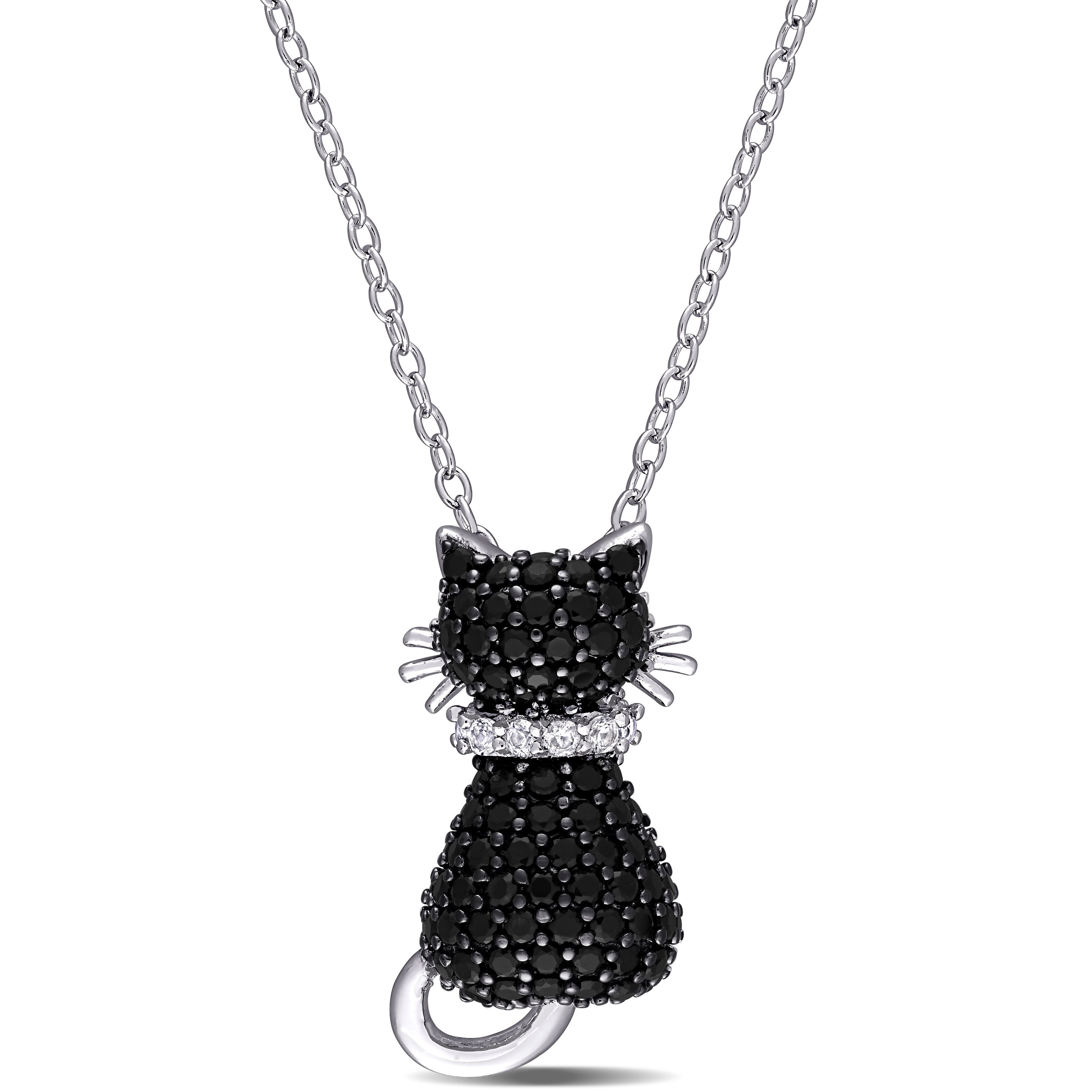 Miadora Sterling Silver With Black Rhodium Plating Black Spinel And Created White Sapphire Clustered Cat Necklace