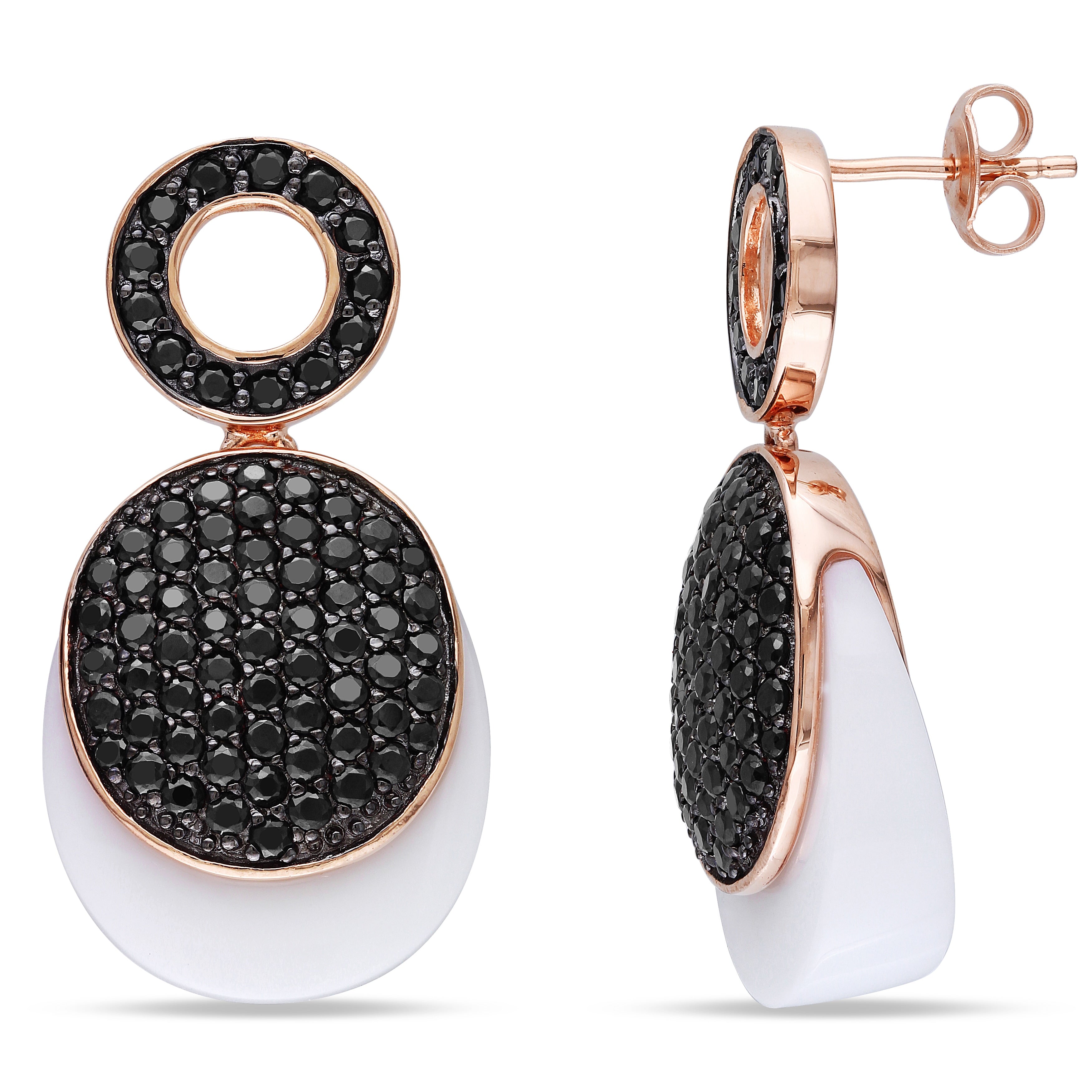 Miadora Synthetic White Agate Black Cubic Zirconia Dangle Earrings In Rose Plated Sterling Silver