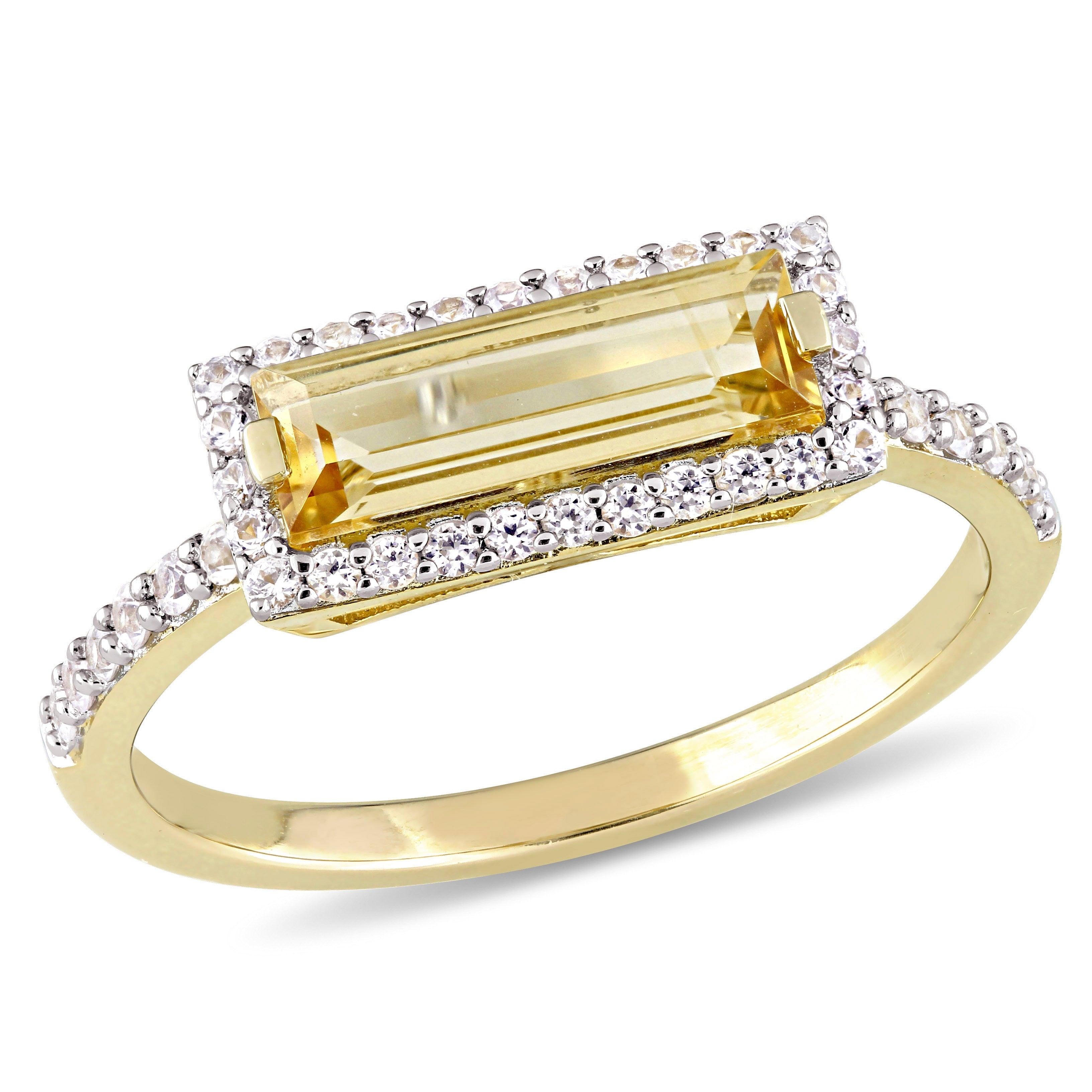 Miadora Yellow Gold Plated Sterling Silver Baguette Citrine And White Sapphire Halo Bar Ring