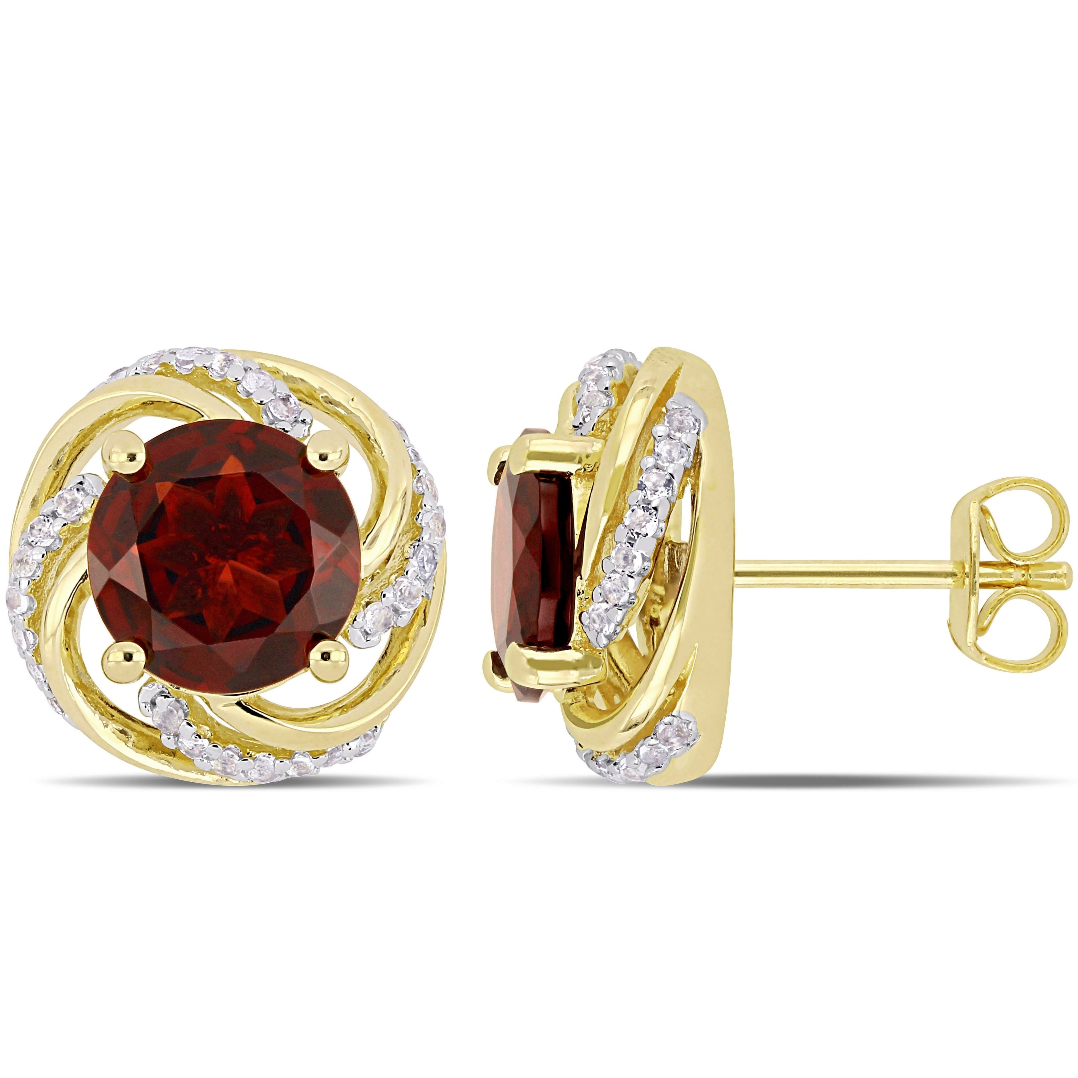 Miadora Yellow Gold Plated Sterling Silver Garnet White Topaz Stud Earrings