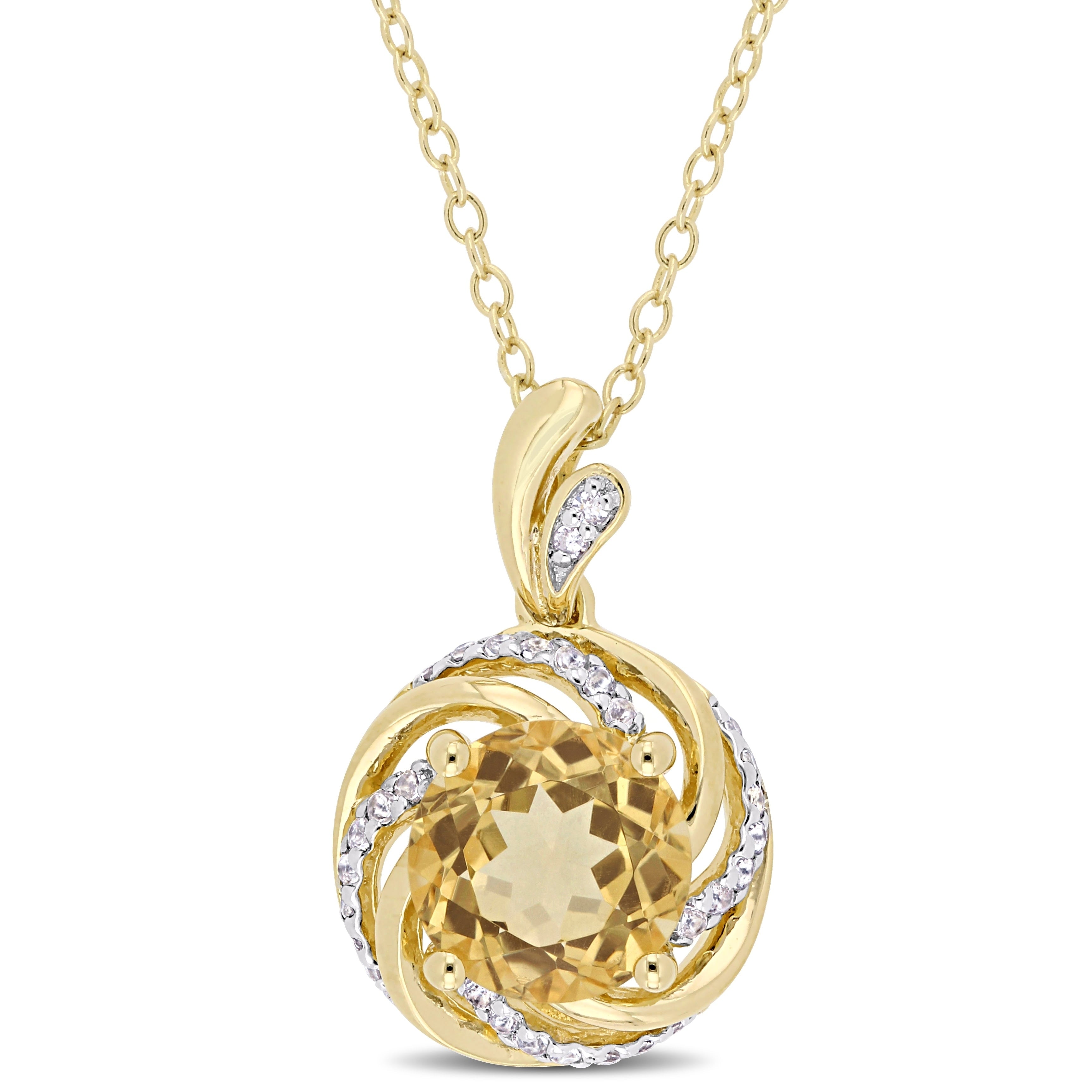 Miadora Yellow Plated Sterling Silver Citrine White Topaz Diamond Swirl Halo Necklace