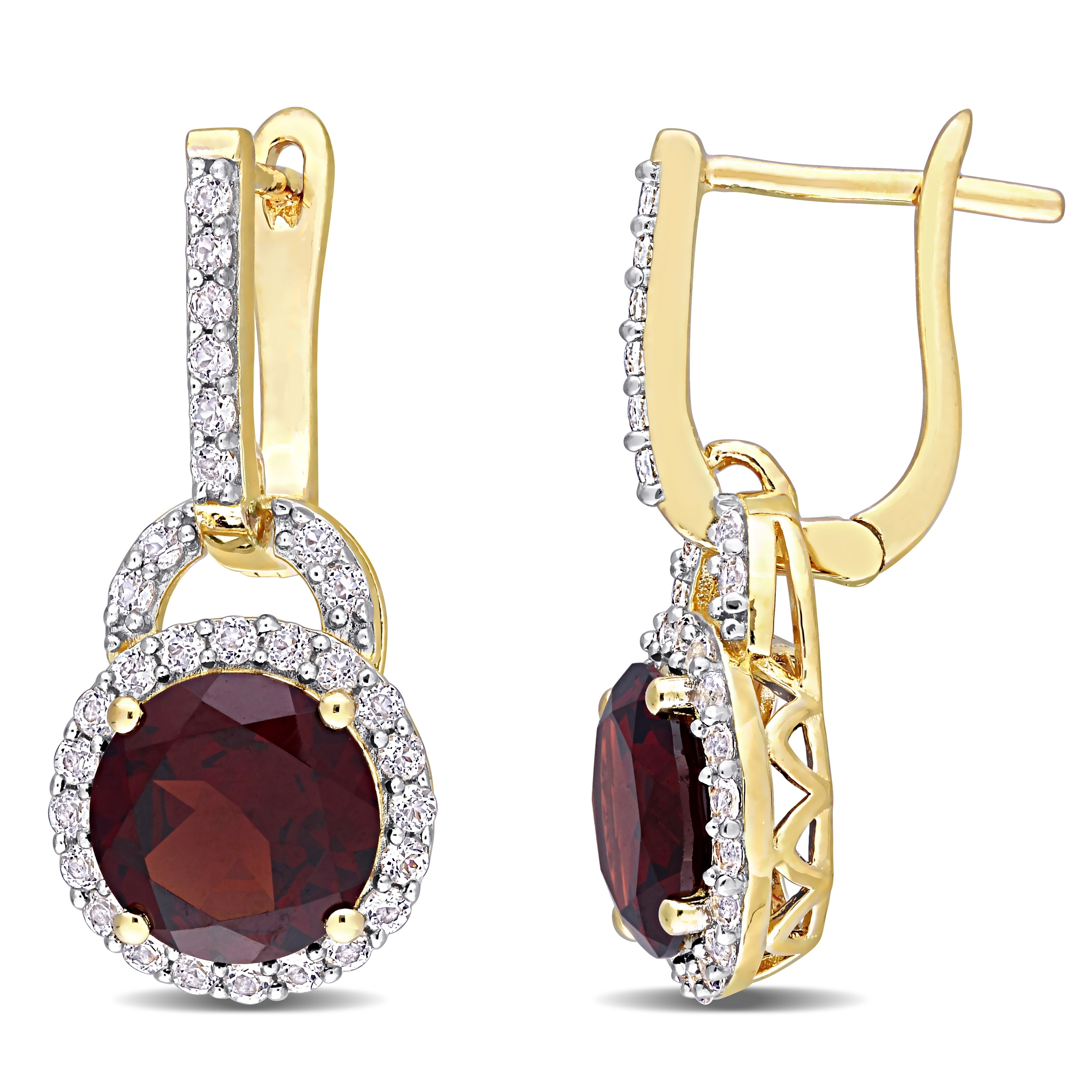Miadora Yellow Plated Sterling Silver Garnet White Topaz Halo Drop Cuff Earrings 23.5 Mm X 10.6 Mm X 9.6 Mm