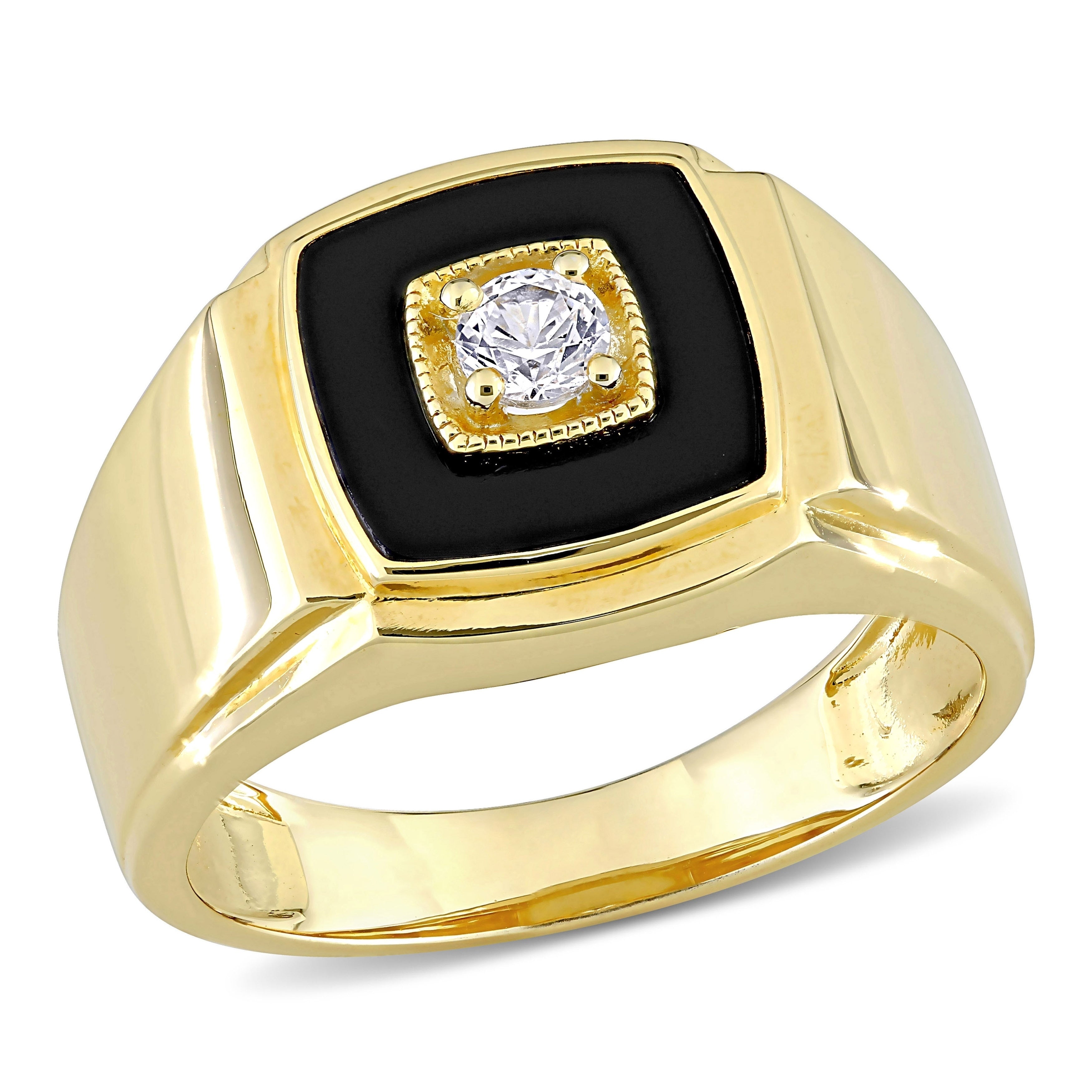 Miadora Yellow Plated Sterling Silver Mens Black Onyx Created White Sapphire Halo Wedding Band