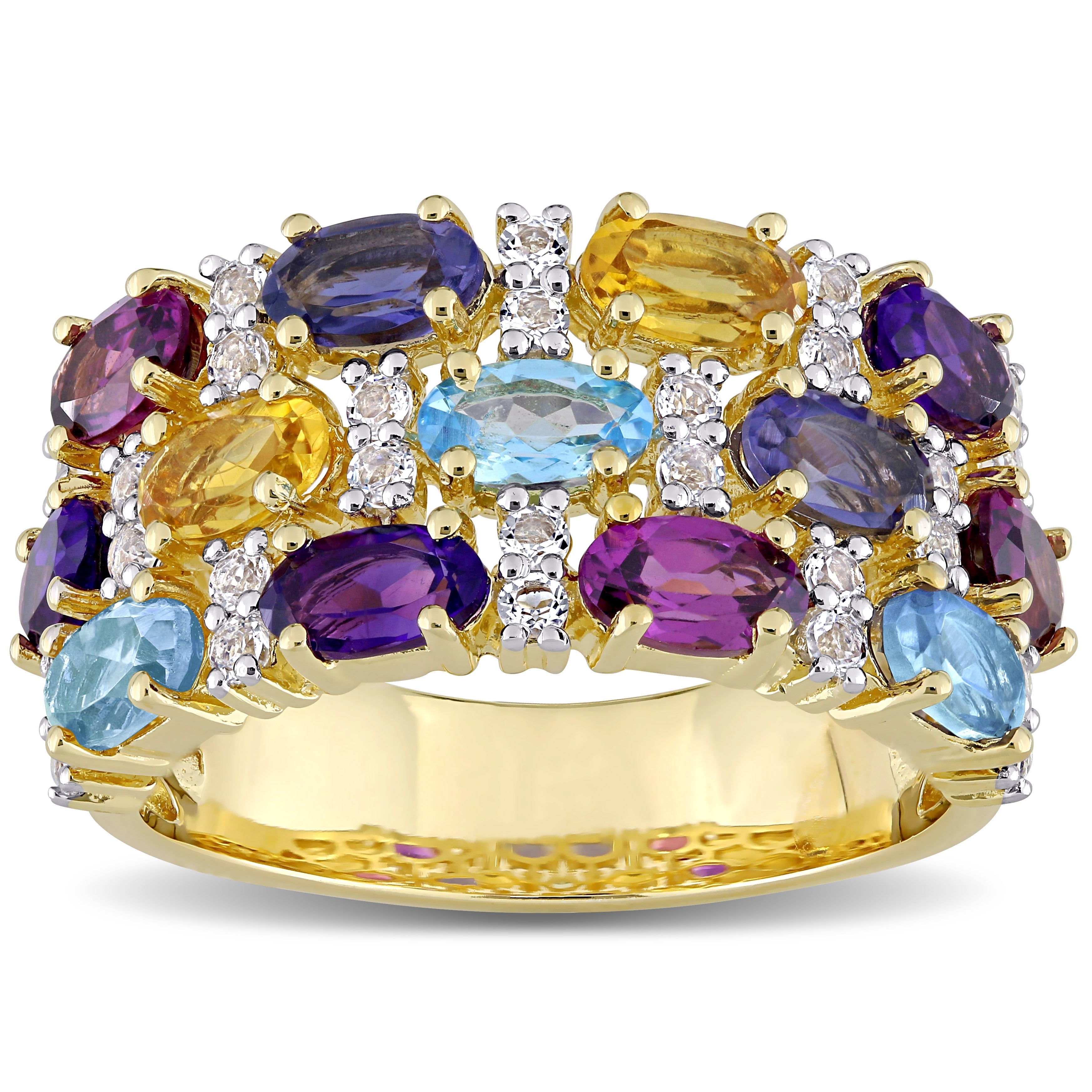 Miadora Yellow Plated Sterling Silver Multi Gemstone 3 Row Cluster Anniversary Band
