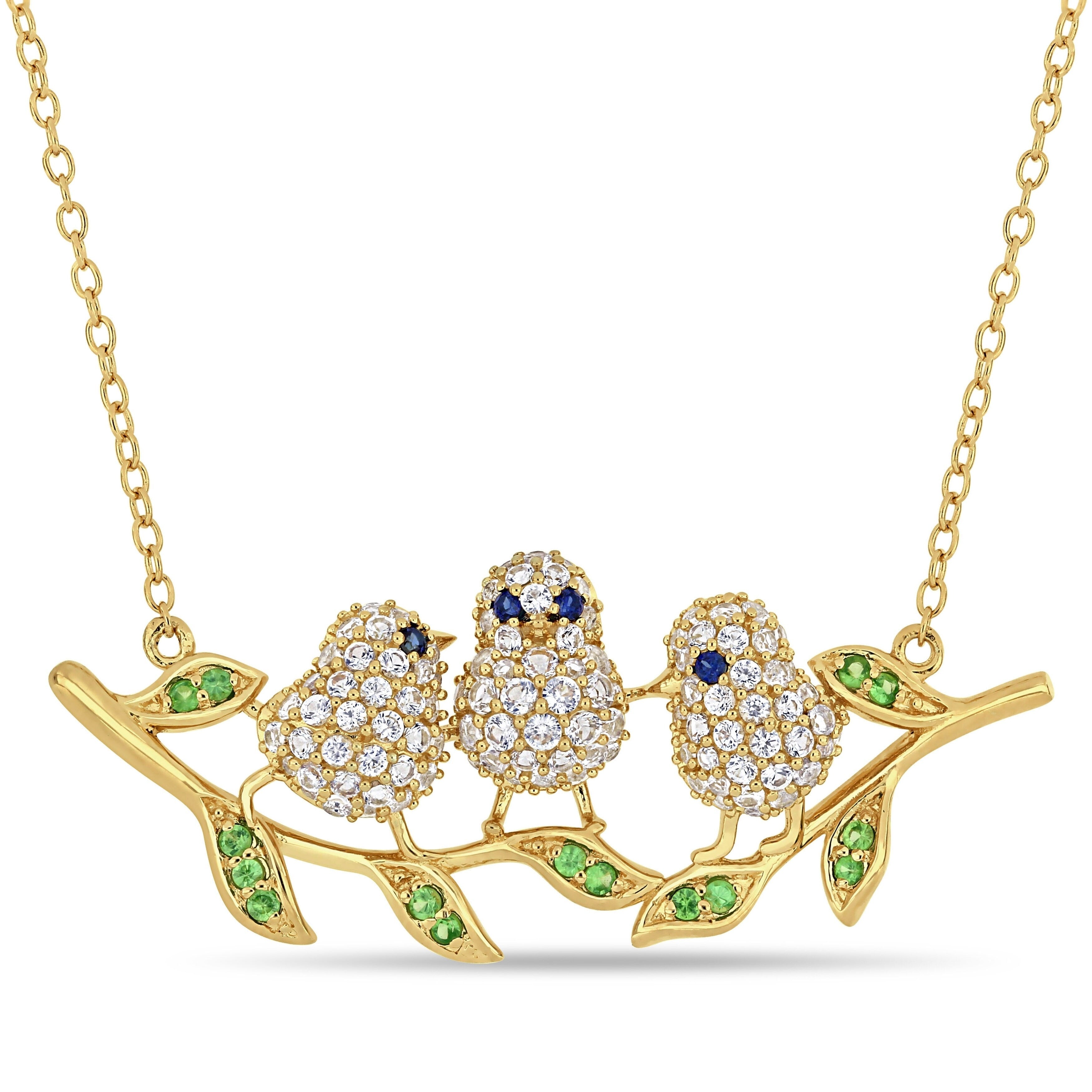 Miadora Yellow Plated Sterling Silver With Black Rhodium Multi Gemstone 3 Bird Branch Necklace