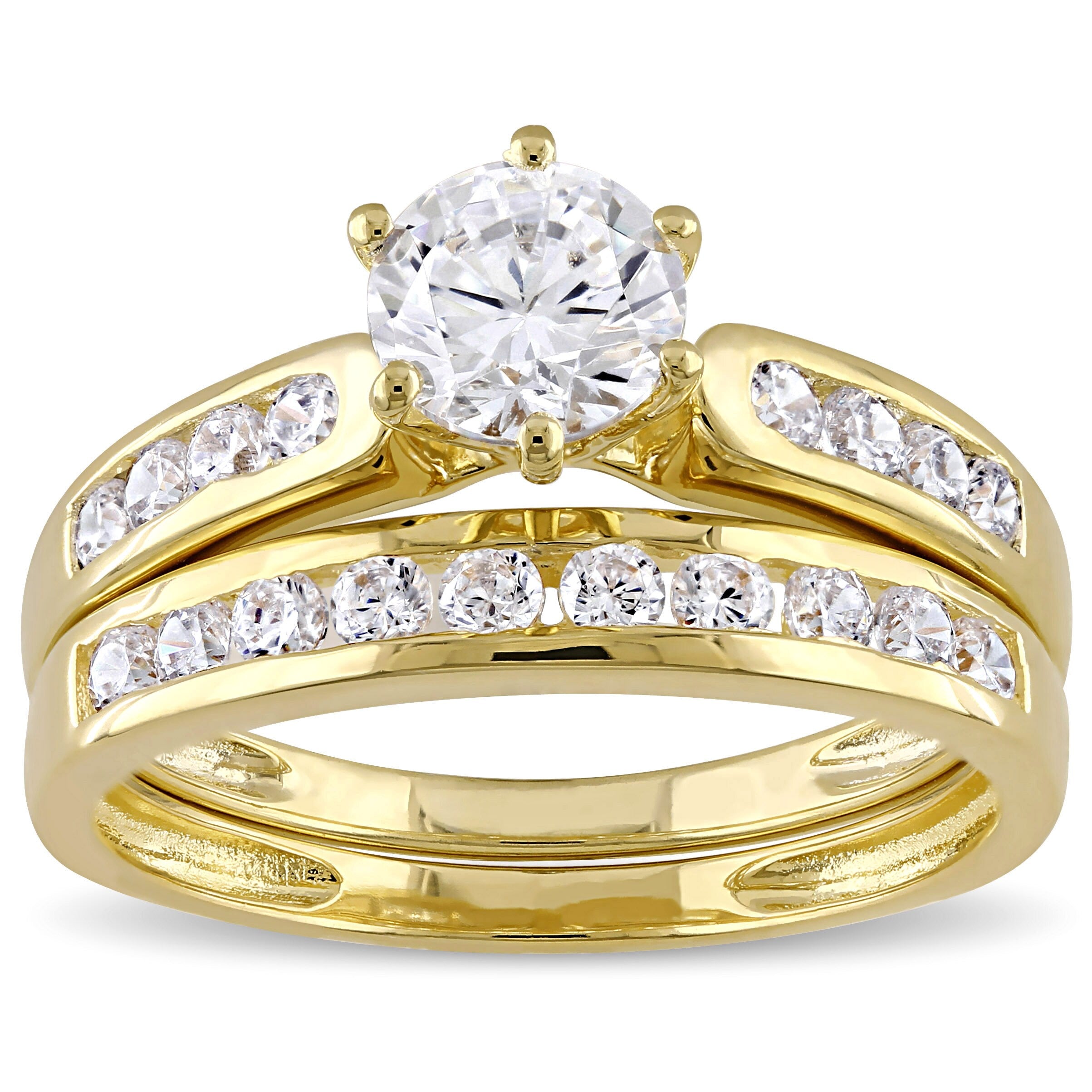 Miadora Yellow Silver Channel Set Cubic Zirconia Bridal Wedding Ring Set White