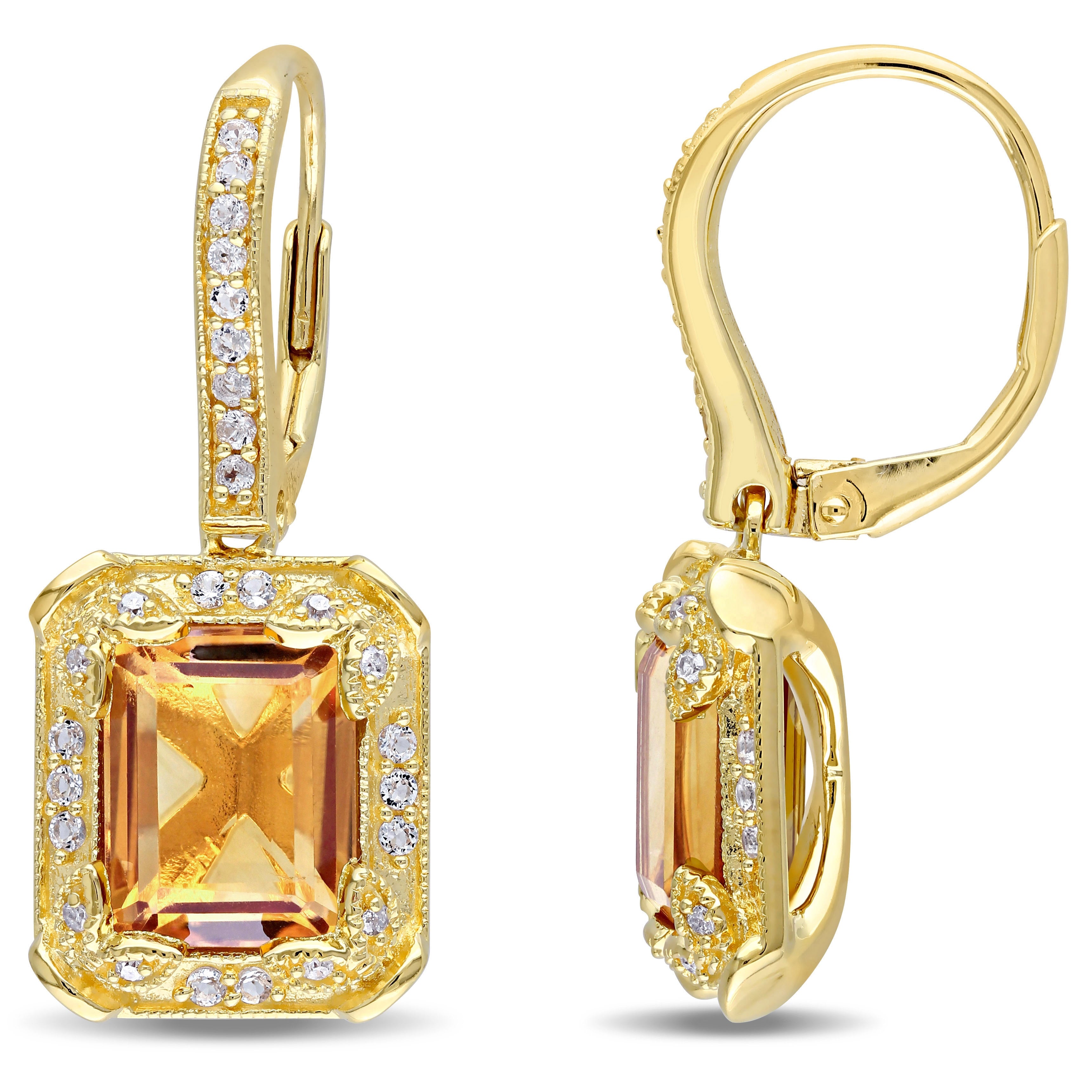 Miadora Yellow Silver Citrine And White Topaz And 1 10Ct Tdw Diamond Halo Dangle Earrings H I I2 I3