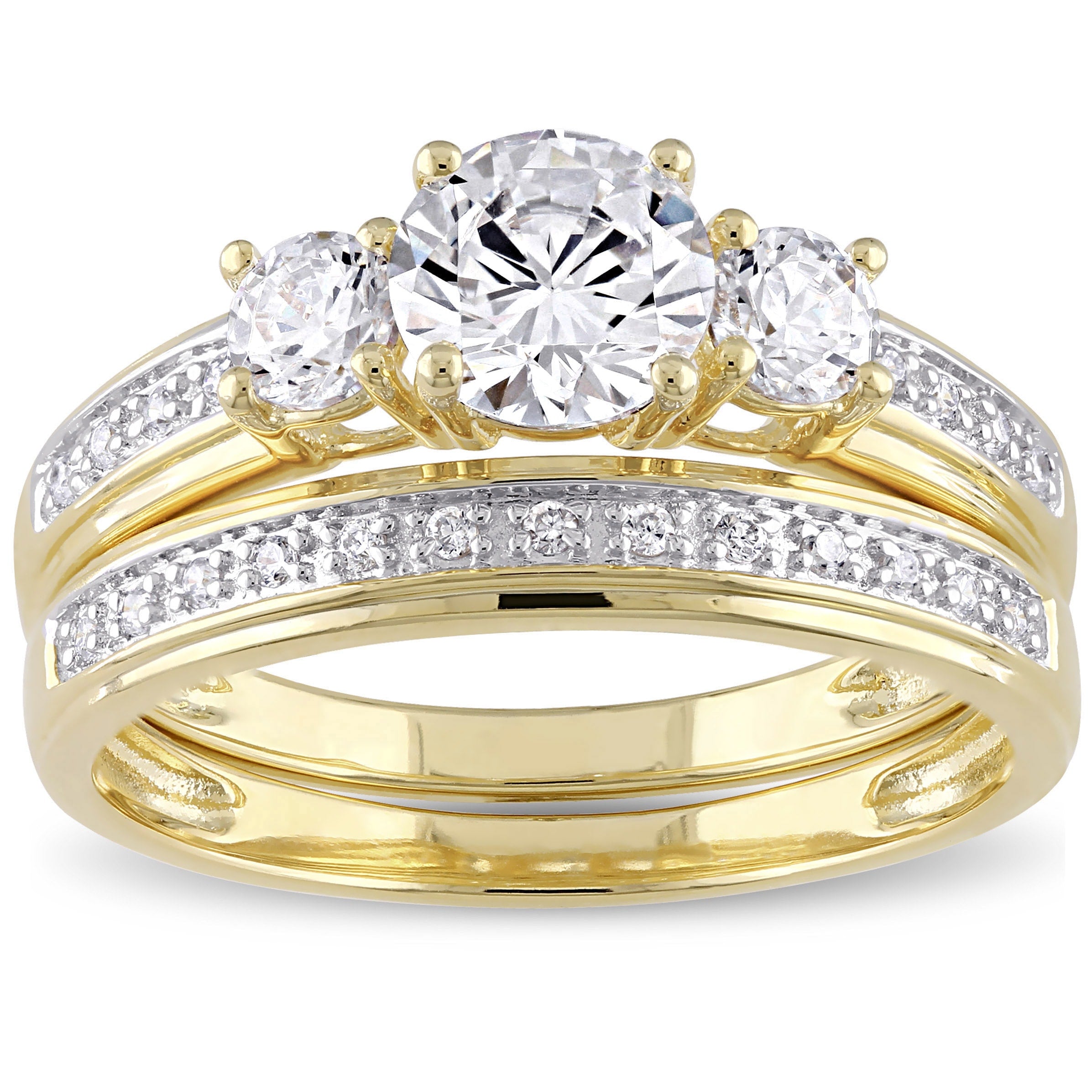 Miadora Yellow Silver Cubic Zirconia Bridal 3 Stone Bridal Ring Set White