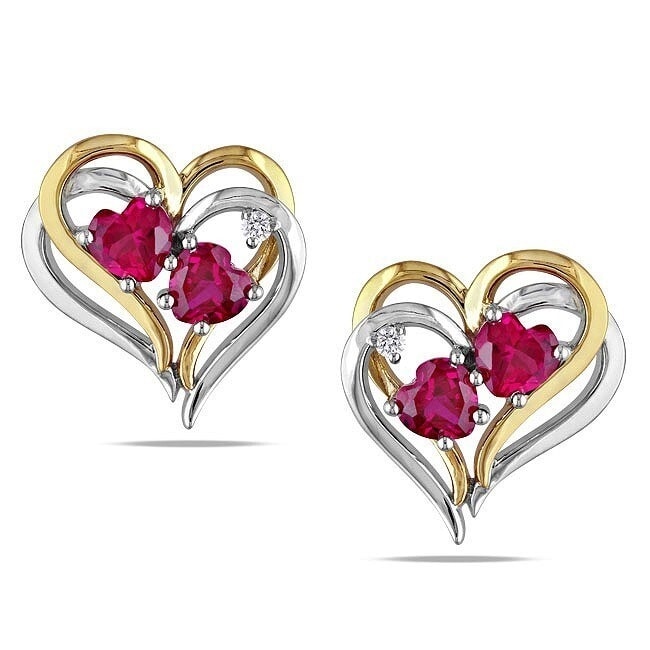 Miadora Yellow Sterling Silver Created Ruby Diamond Heart Earrings H I I2 I3