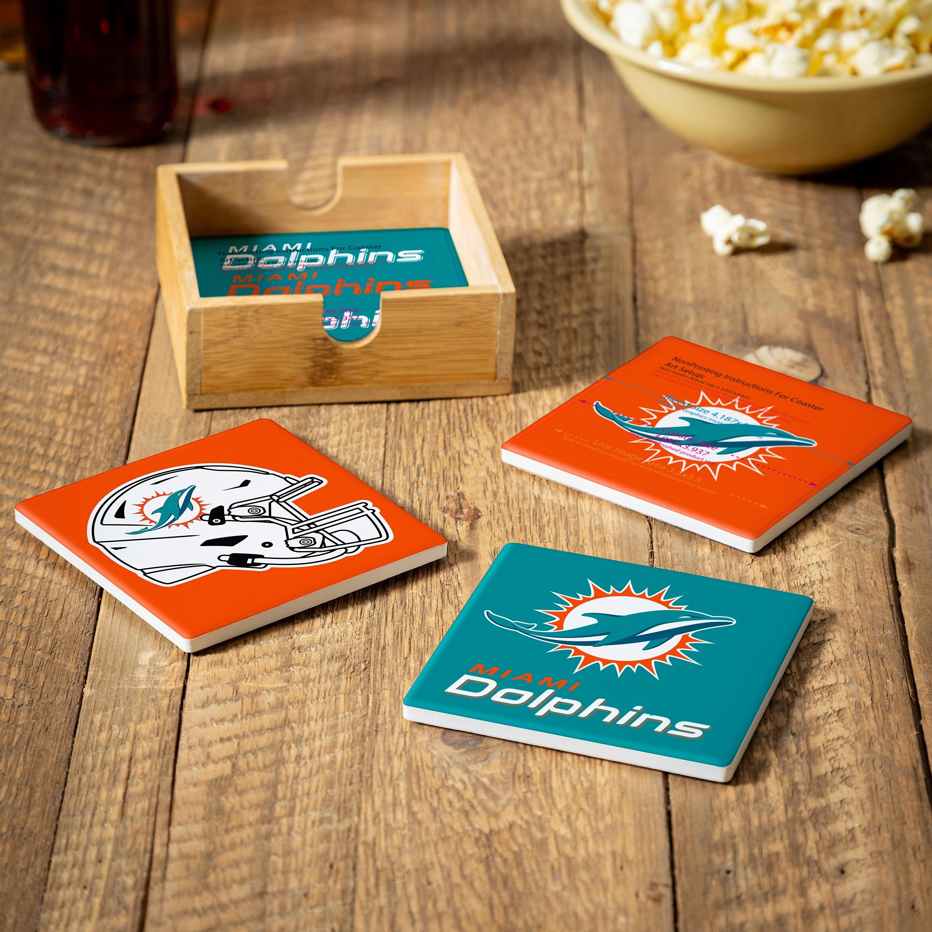 Miami Dolphins 4 Piece Ceramic Coasters Set With Wood Caddy