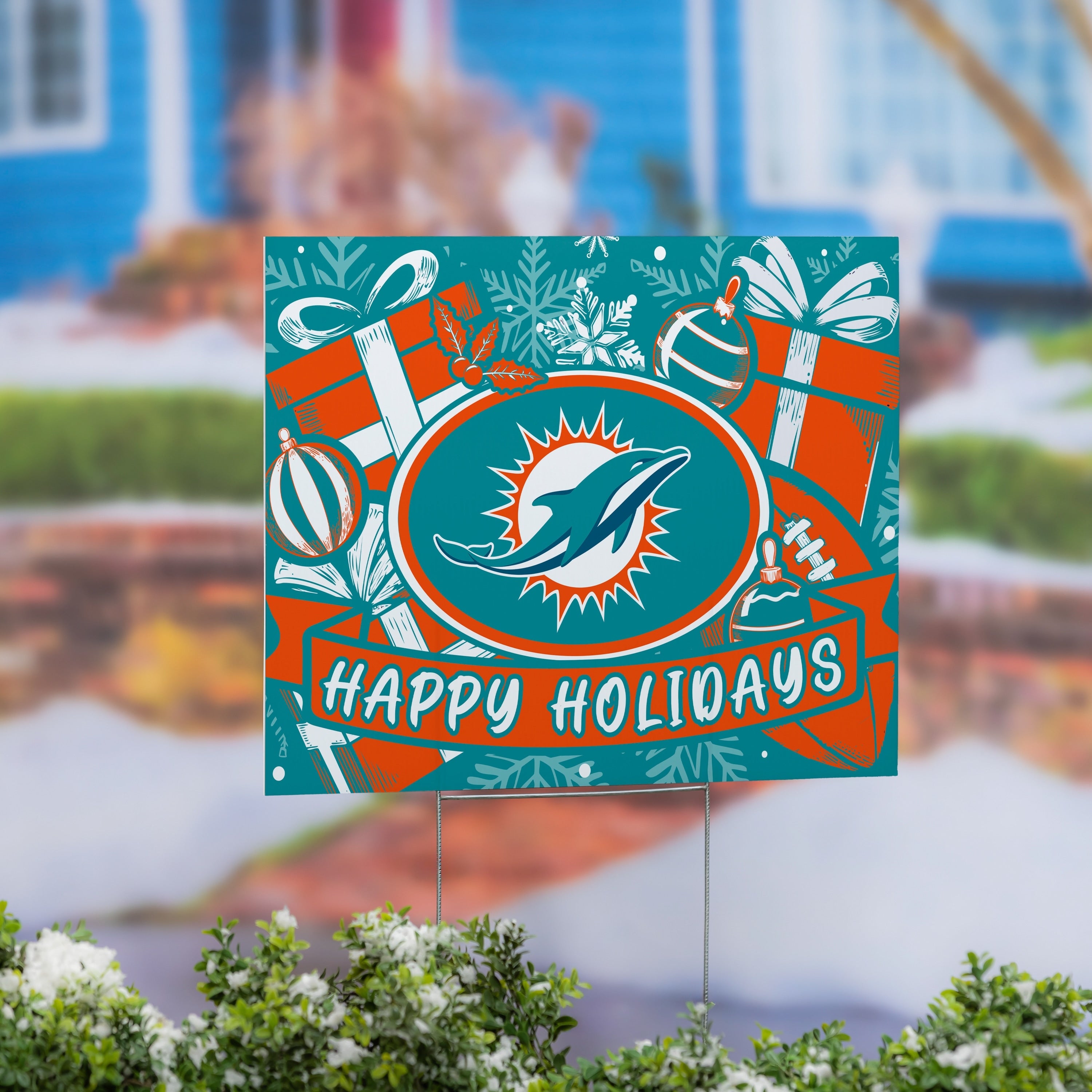 Miami Dolphins Yard Sign Happy Holidays 24 X 18