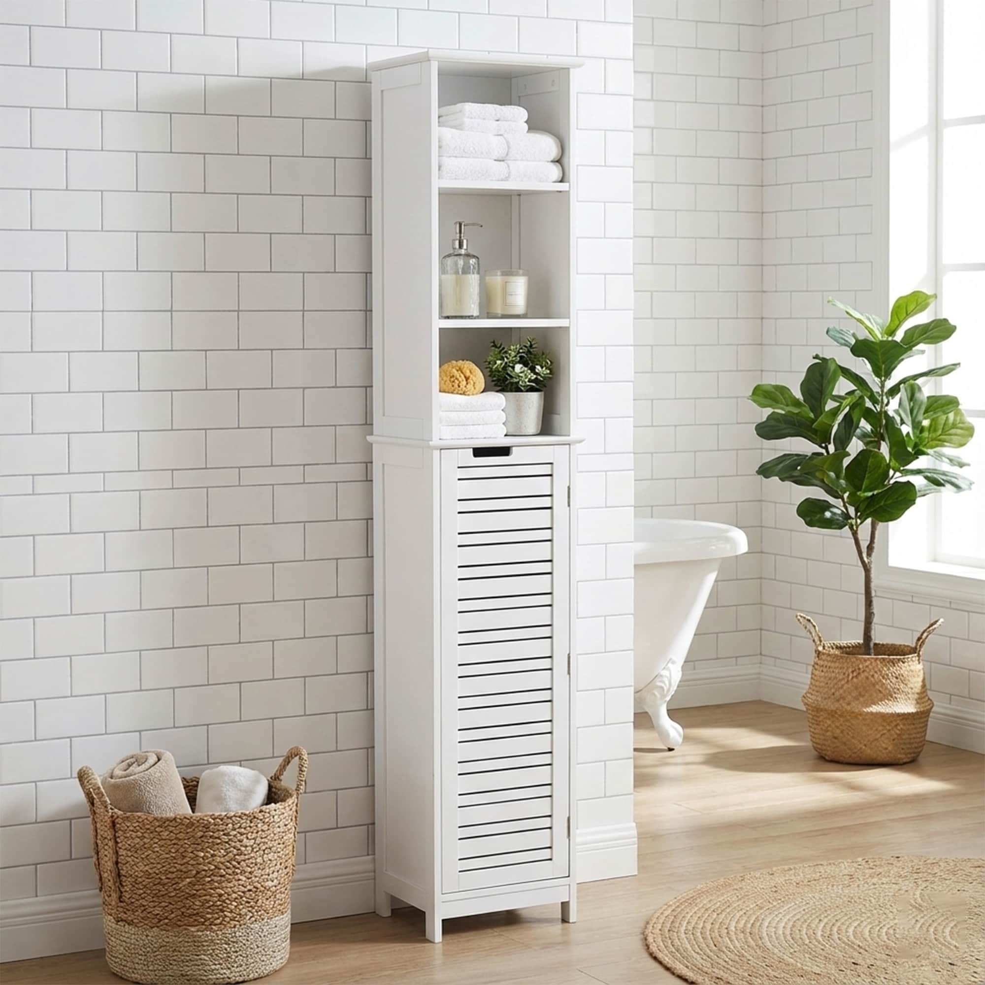 Evideco Bathroom Free Standing Cabinet Linen Tower Miami White