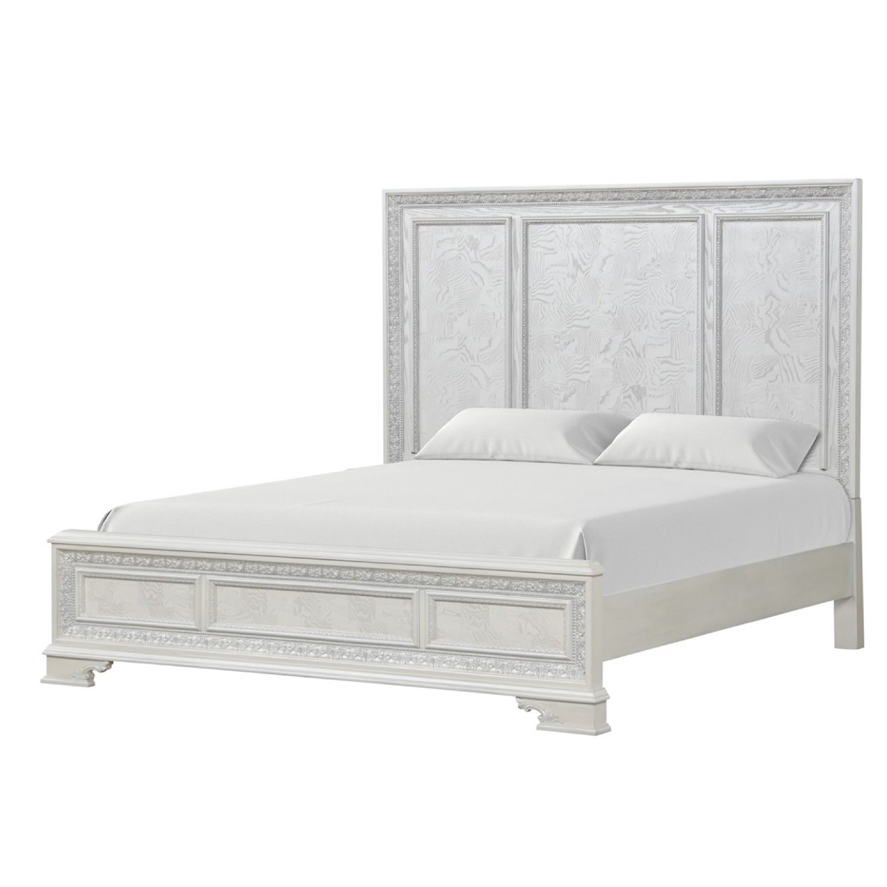 Miamy King Bed Creamy White Wood Panel Design Silver Brushed Accents