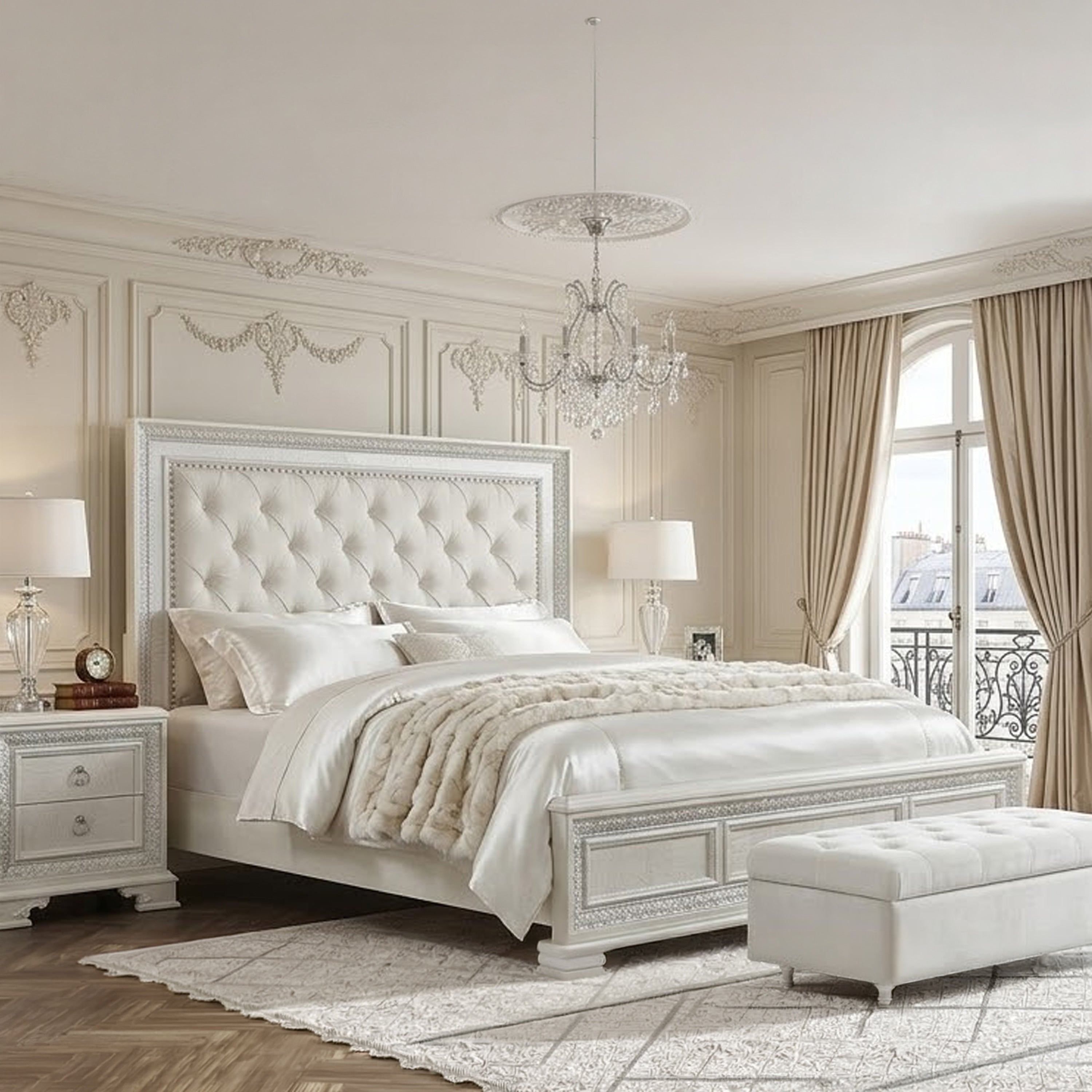 Miamy Queen Bed Creamy White Wood Panel Design Silver Brushed Accents