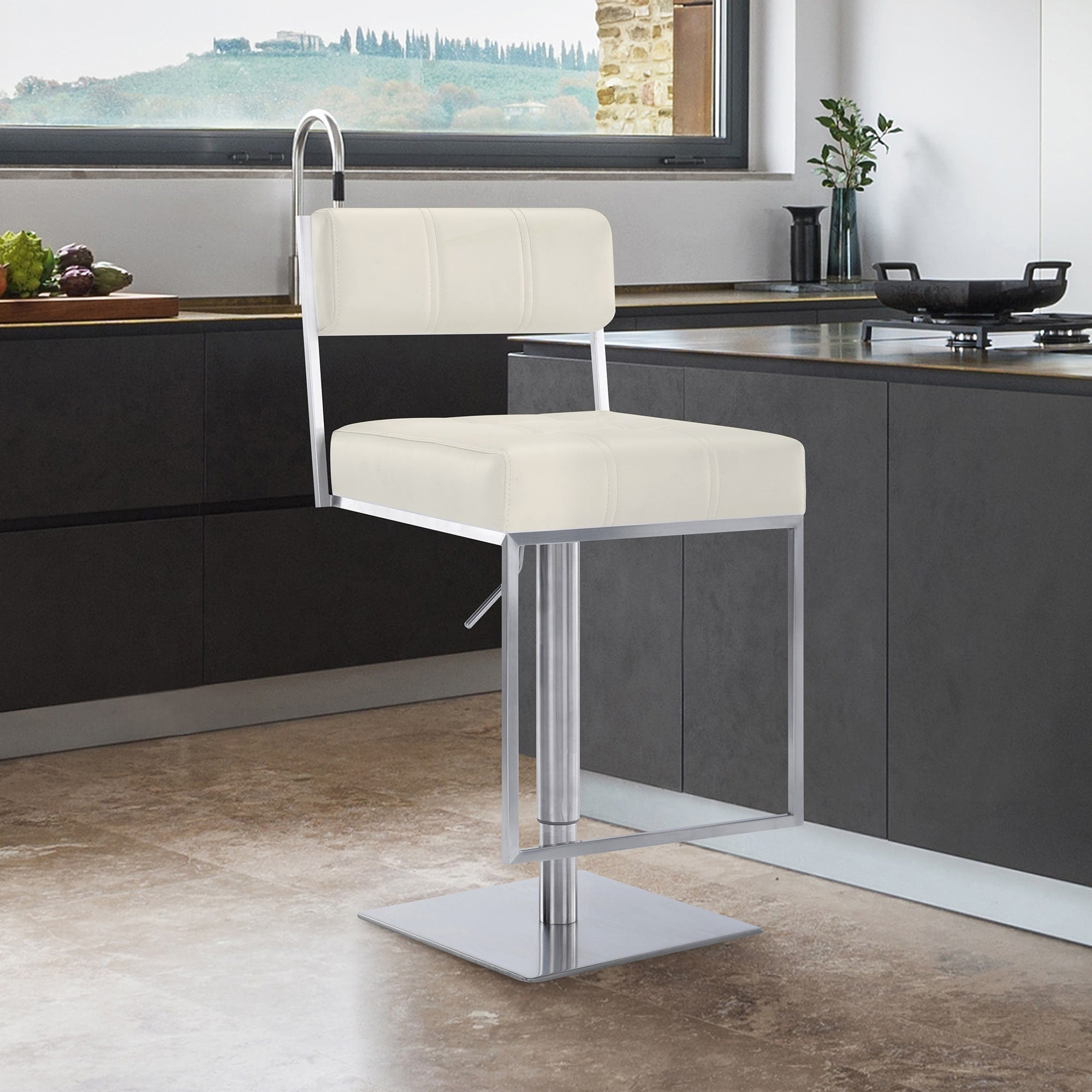 Twyla Contemporary Swivel Barstool In Brushed Stainless Steel And White Faux Leather