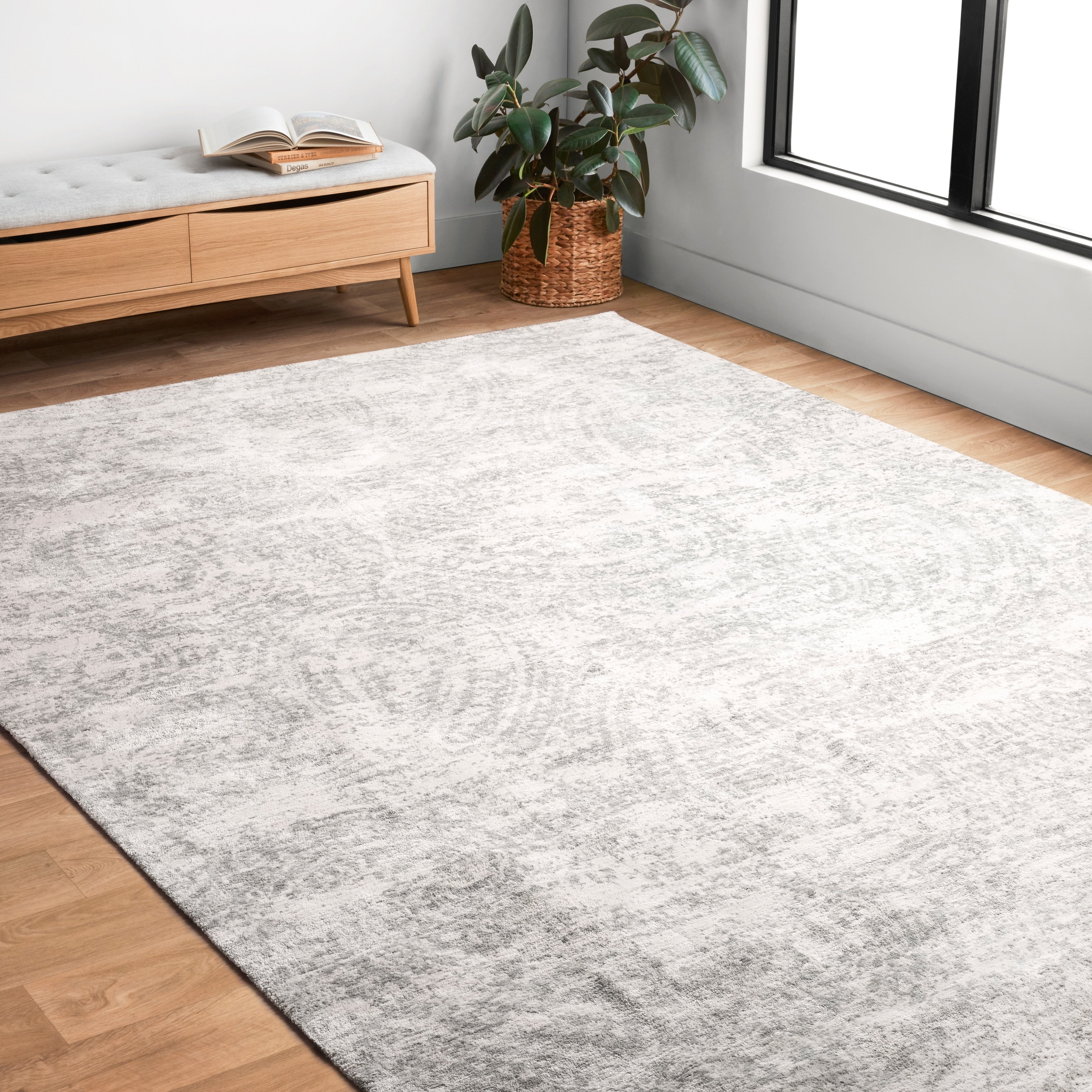 Microfiber Light Grey Distressed Paisley Rug 67 X 92