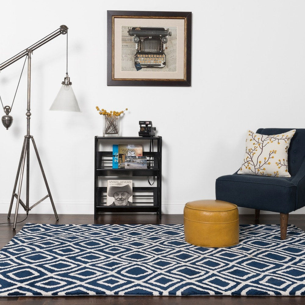 Microfiber Navy Geometric Area Rug 5 X 76