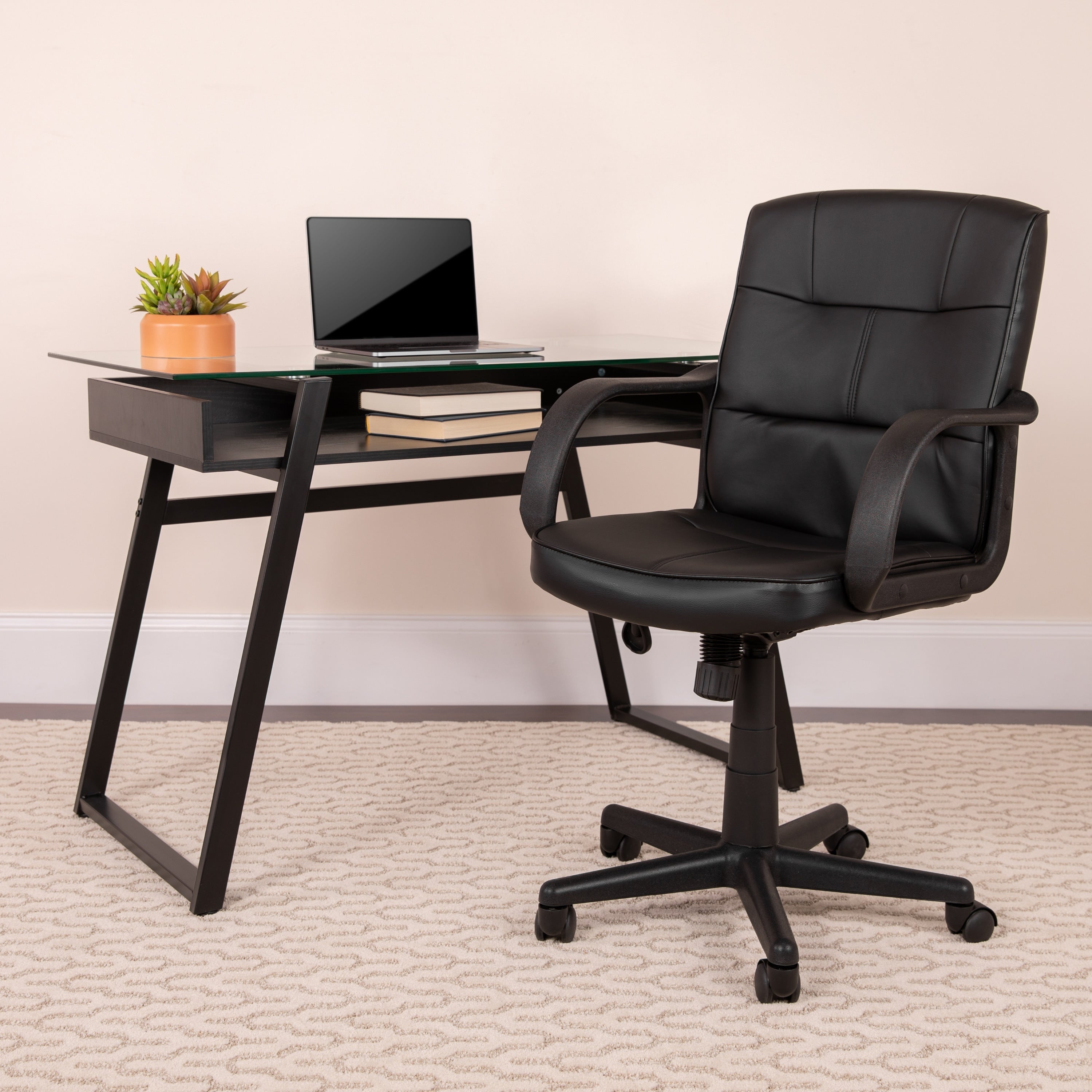 Mid Back Black Leathersoft Swivel Task Office Chair With Arms Home Office