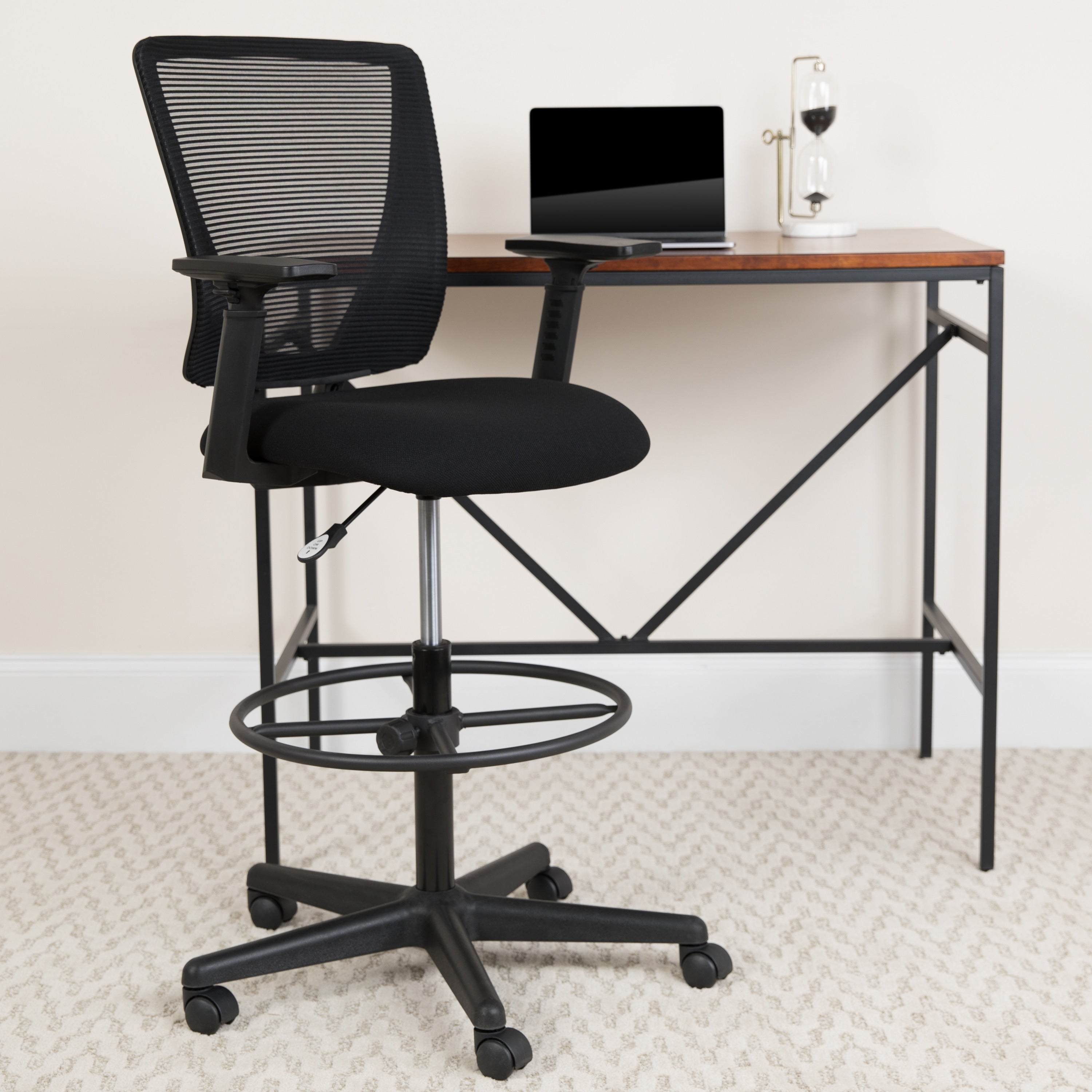 Ergonomic Mid Back Mesh Drafting Chair With Fabric Seat Adjustable Foot Ring And Arms