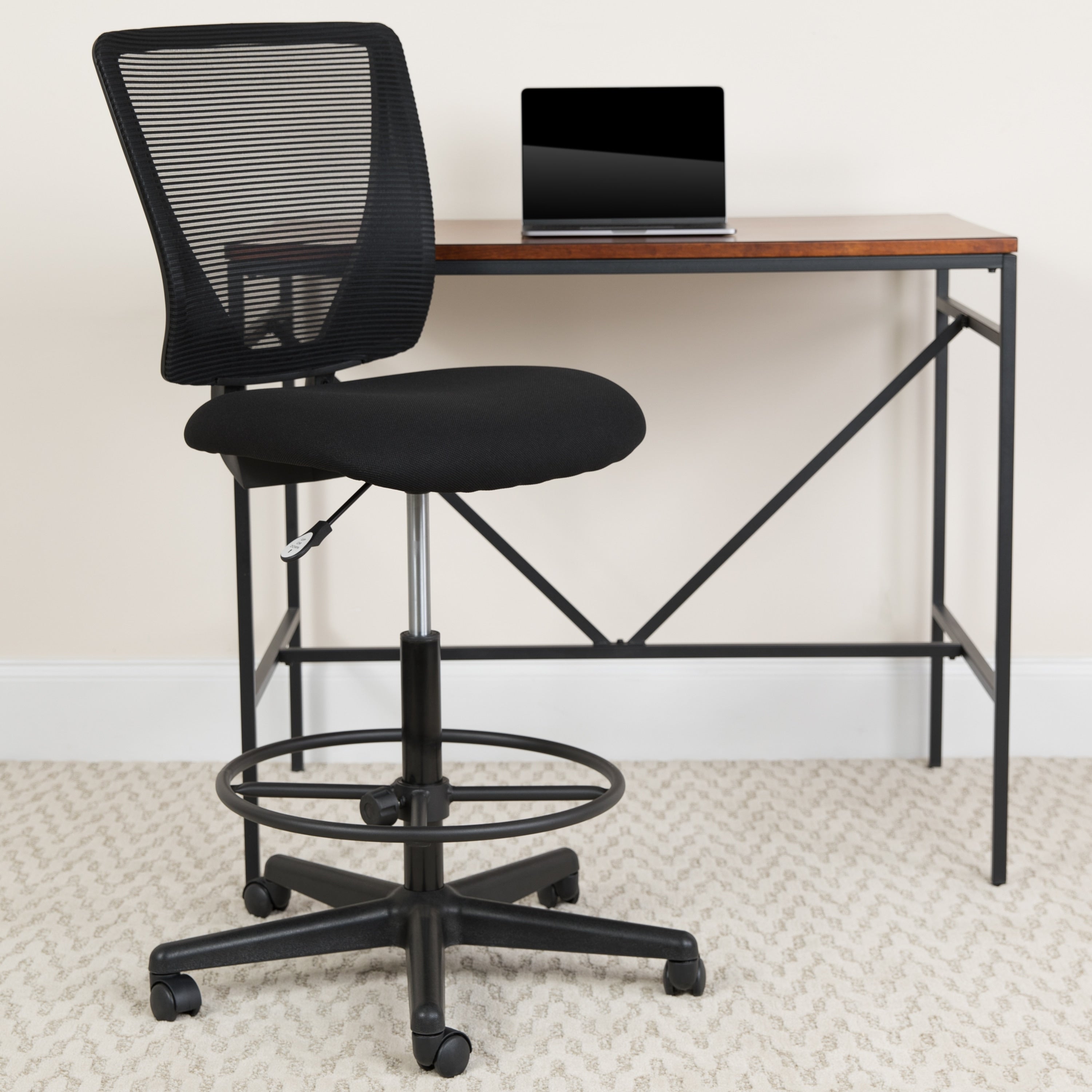 Ergonomic Mid Back Mesh Drafting Chair With Fabric Seat And Adjustable Foot Ring
