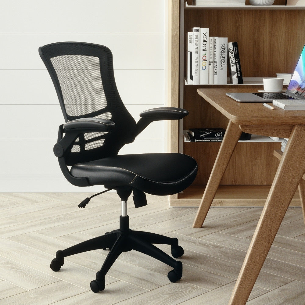 Porch Den Cedar Hill Mid Back Black Mesh Chair With Leather Seat