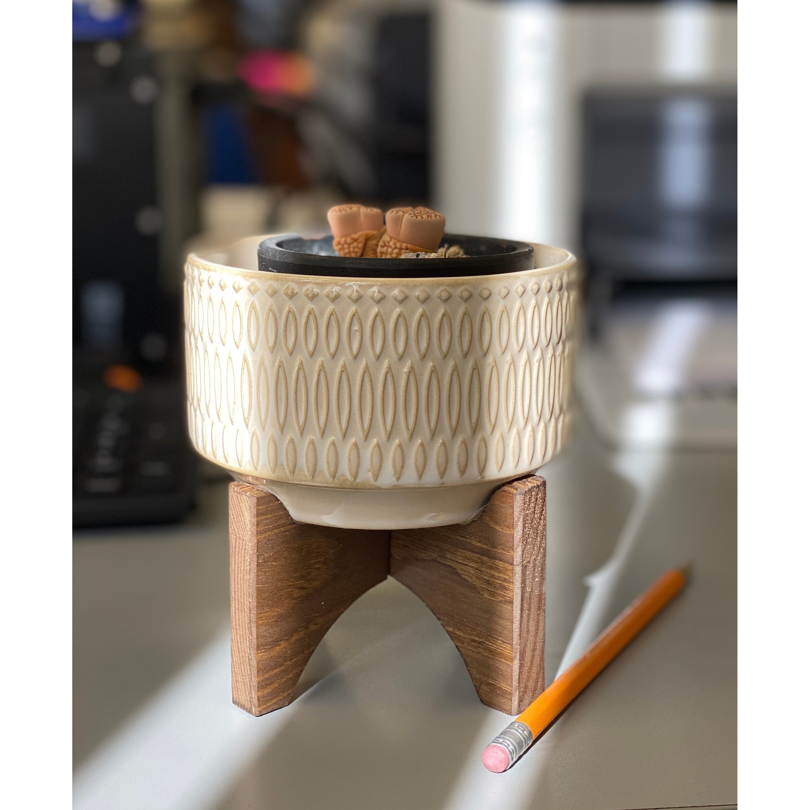 Mid Century 4 Palsley Ceramic On Wood Stand