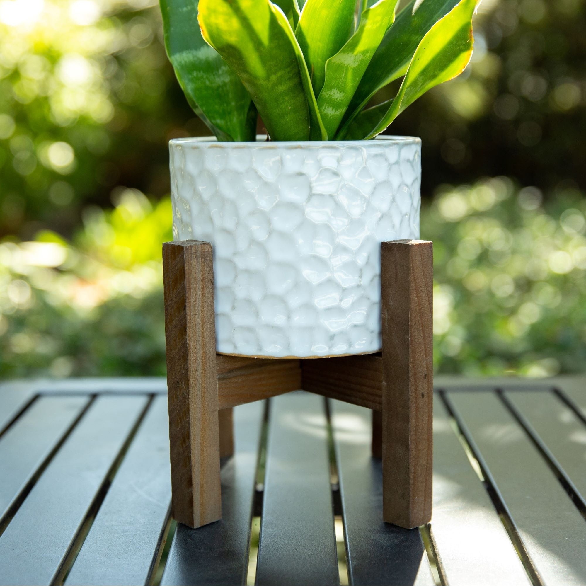 Mid Century 5.5 Beehive Ceramic Planter On Wood Stand Cream