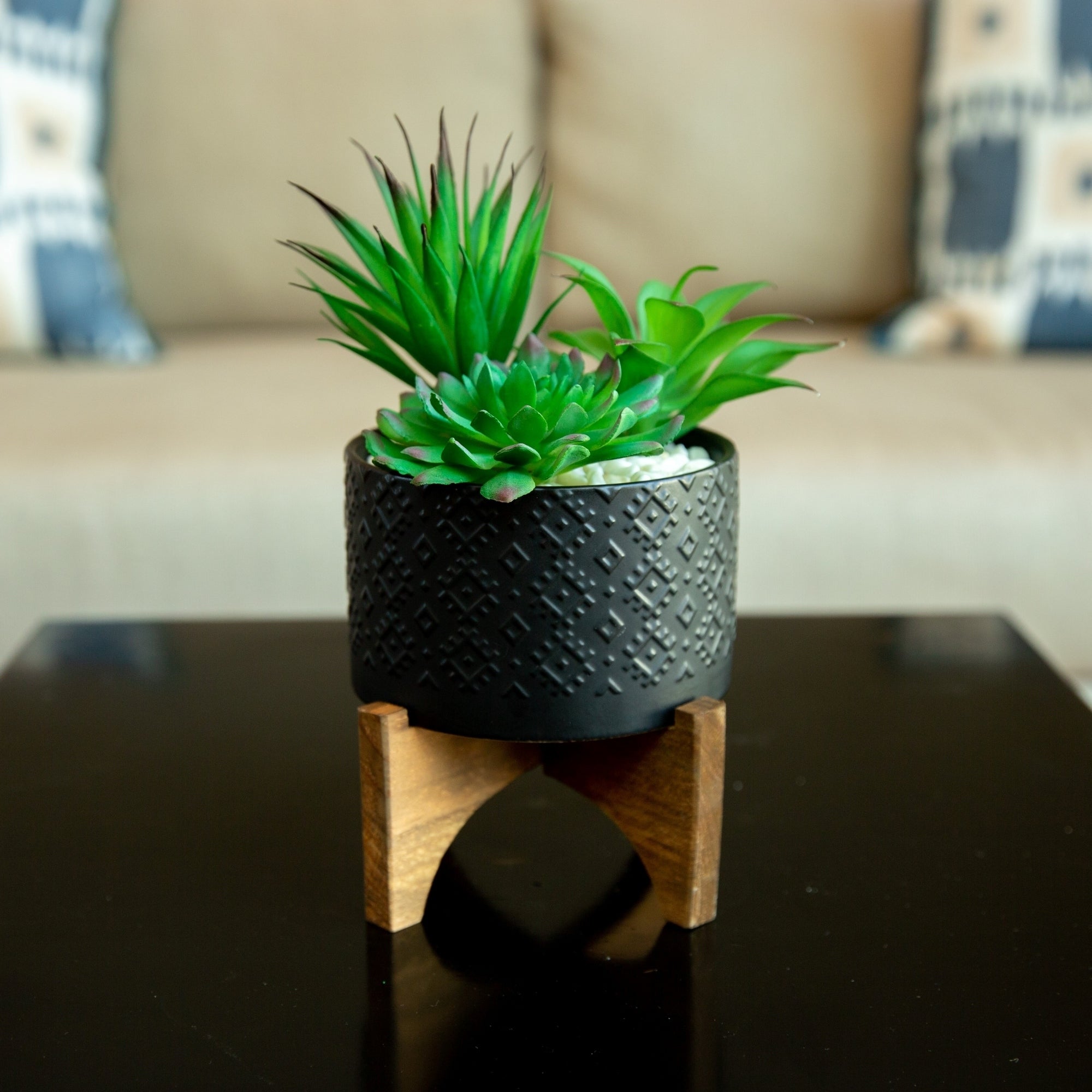 Mid Century 5 Indian Ceramic Planter On Wood Stand Matte Black