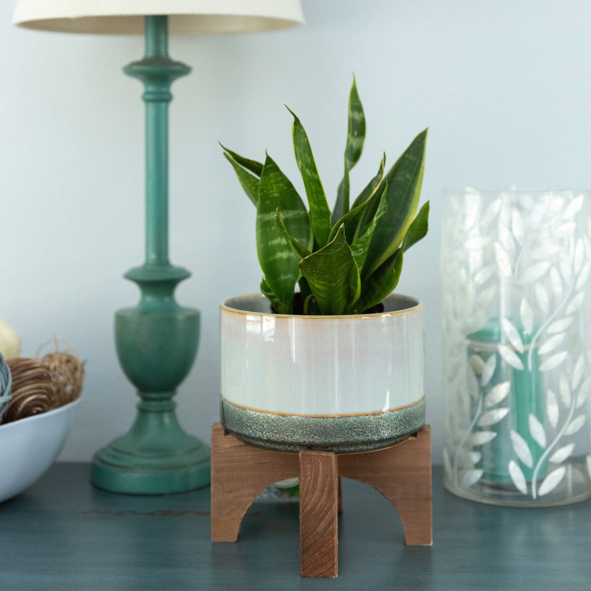 Mid Century 7 Lava Ceramic On Wood Stand Pink And Mauve