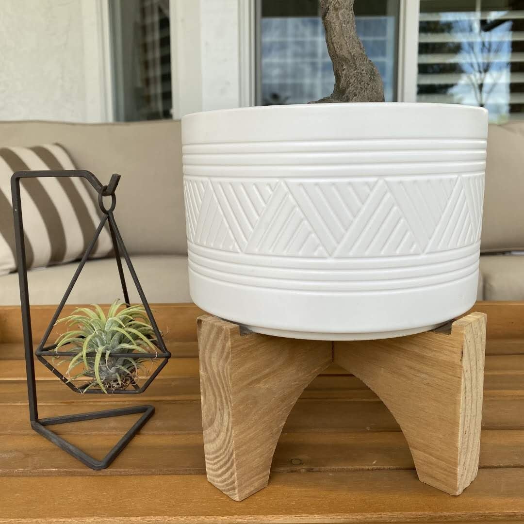 Mid Century 7 Mountain Ceramic Planter On Wood Stand Matte White