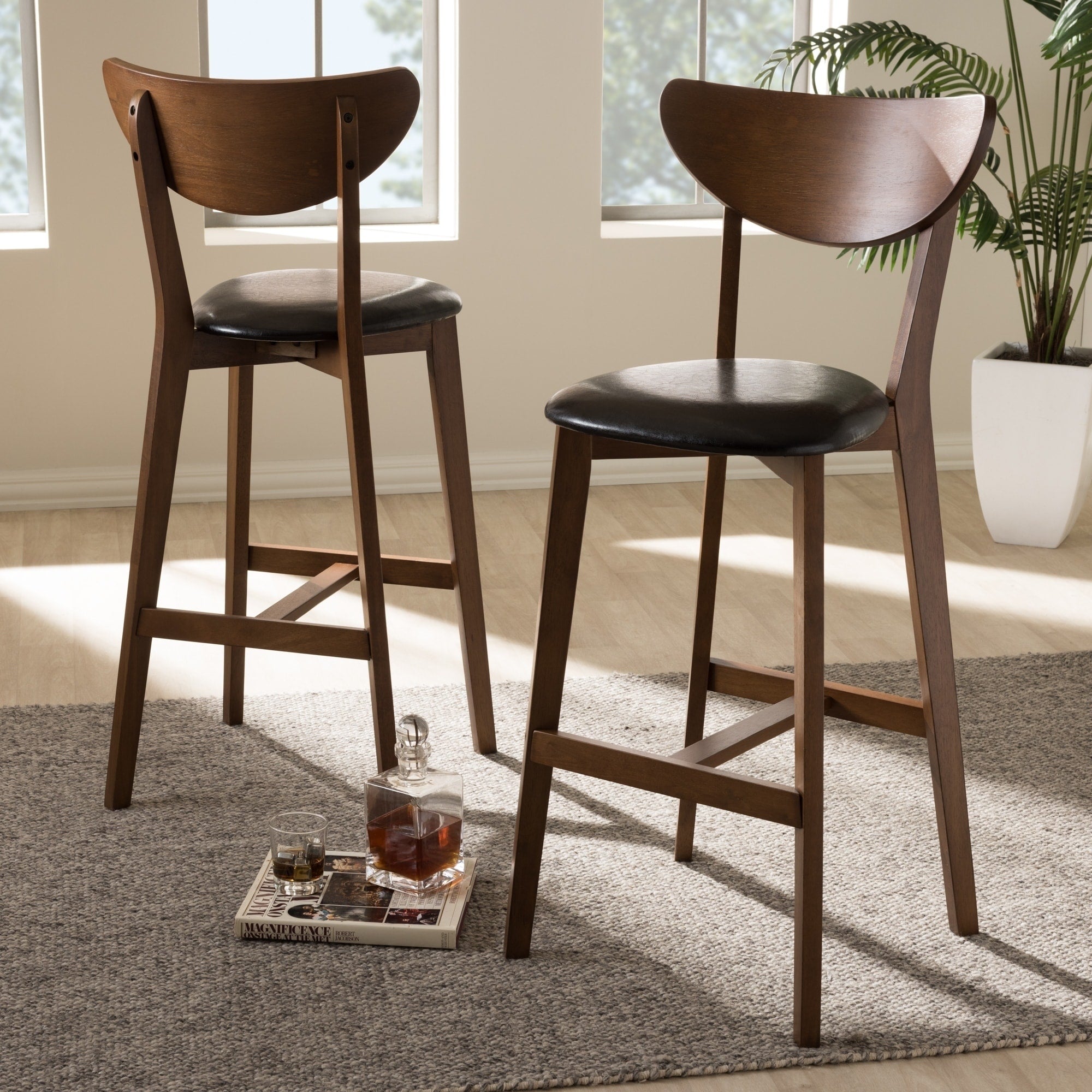 Mid Century Black Faux Leather Bar Stool Set By Baxton Studio