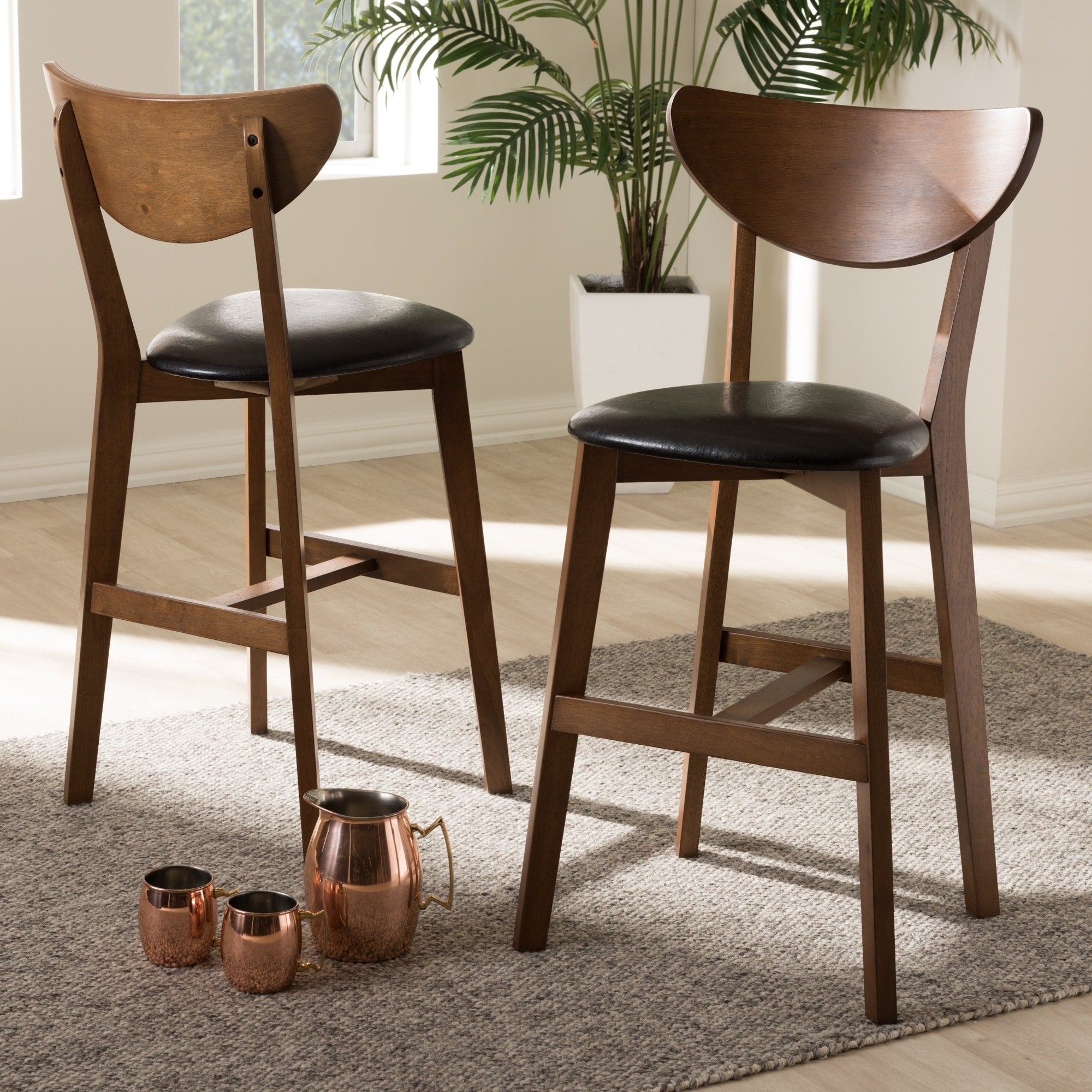 Mid Century Black Faux Leather Counter Stool Set By Baxton Studio