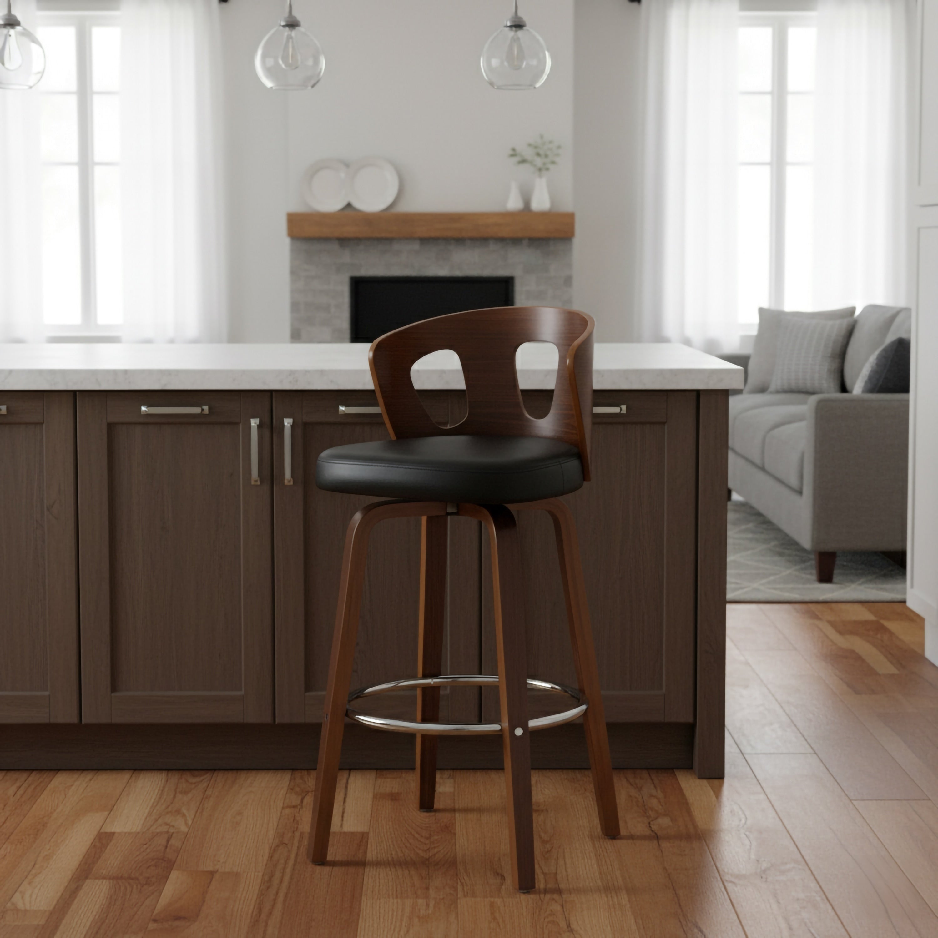 Mid Century Black Faux Leather Wood Swivel Counter Stool