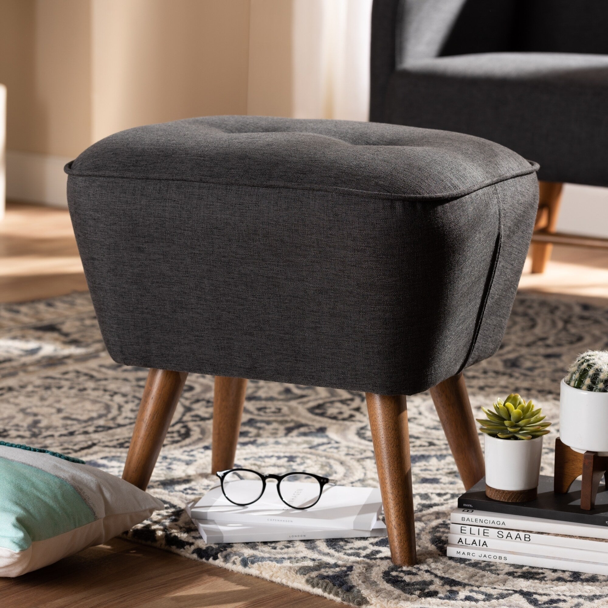 Mid Century Fabric Upholstered Ottoman By Baxton Studio