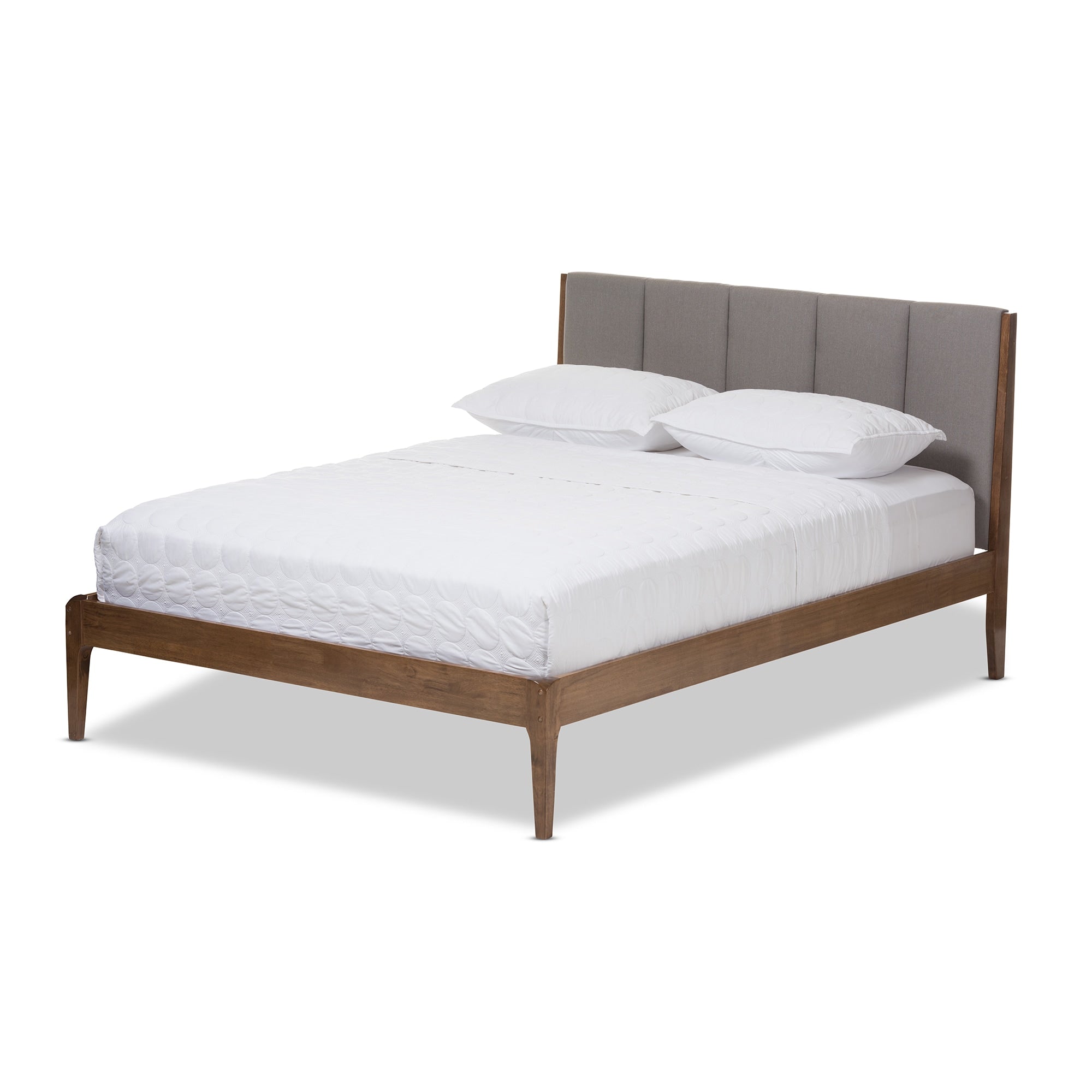Mid Century Fabric Upholstered And Medium Brown Finish Wood Platform Bed By Baxton Studio